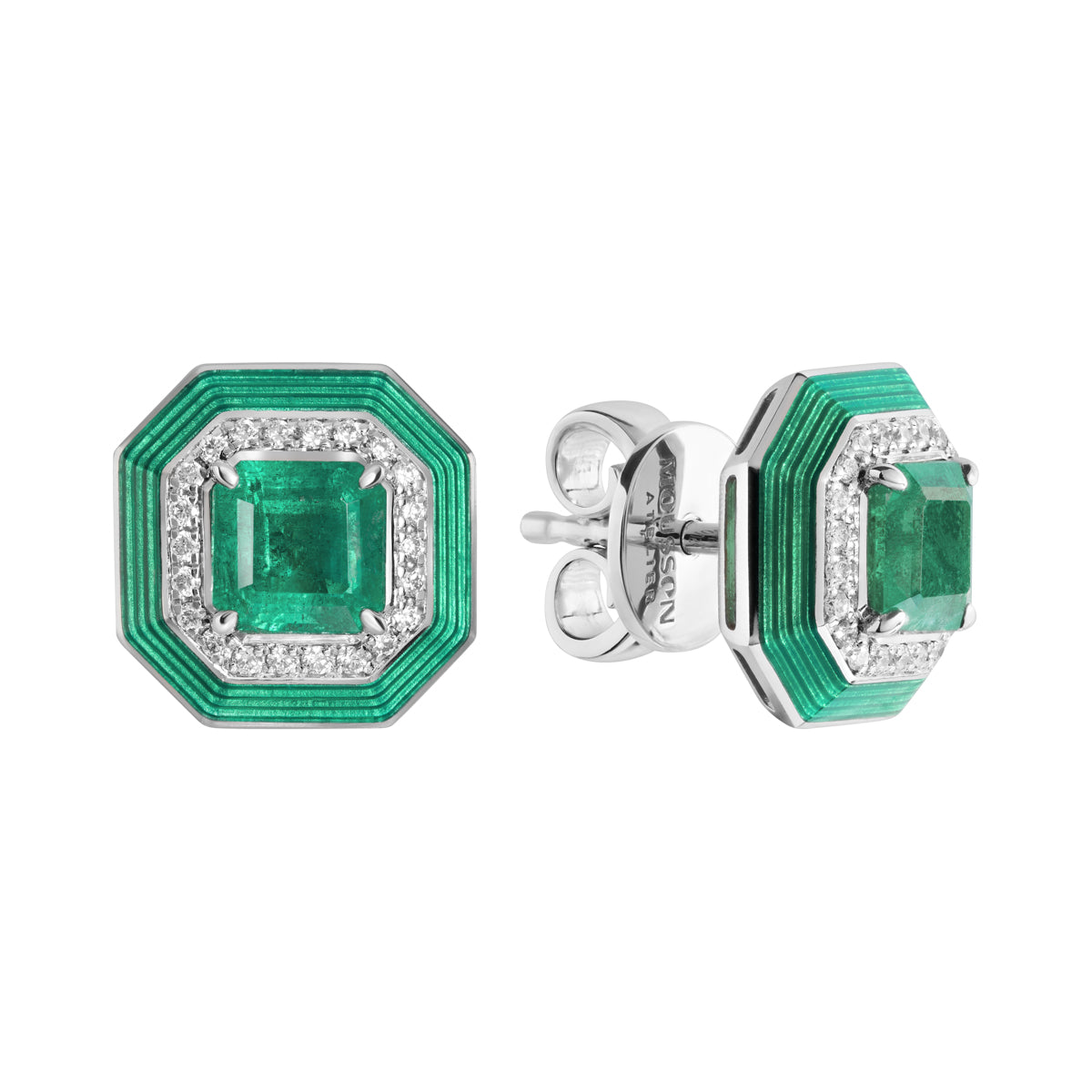 E 0143-140 18K White Gold, Emerald, Diamonds Enamel Stud Earrings