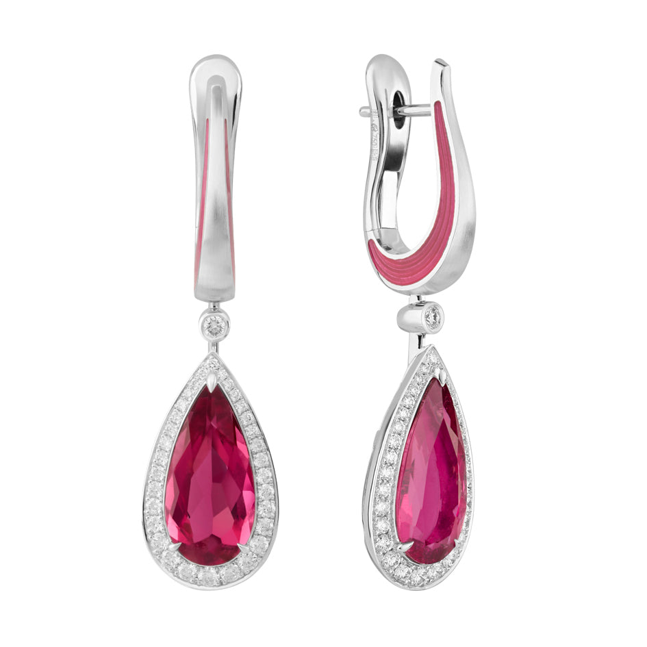 E 0143-210 18K White Gold, Tourmaline Rubellite, Diamonds, Enamel Earrings