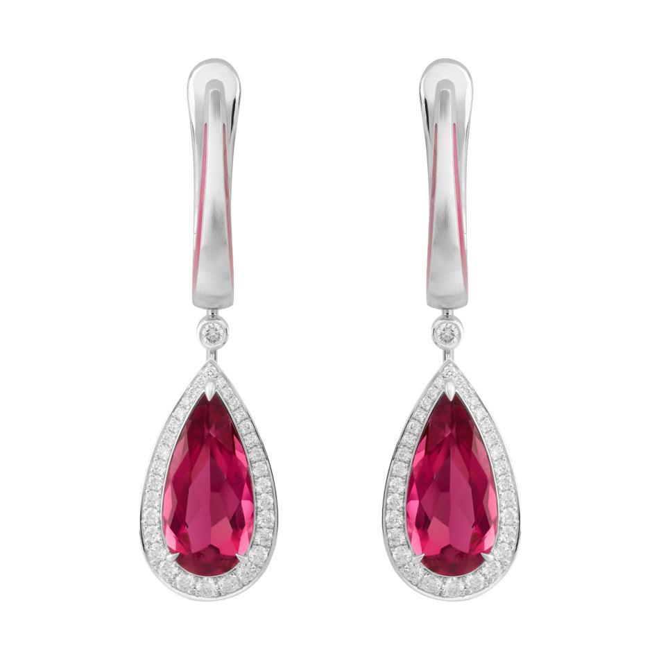 E 0143-210 18K White Gold, Tourmaline Rubellite, Diamonds, Enamel Earrings