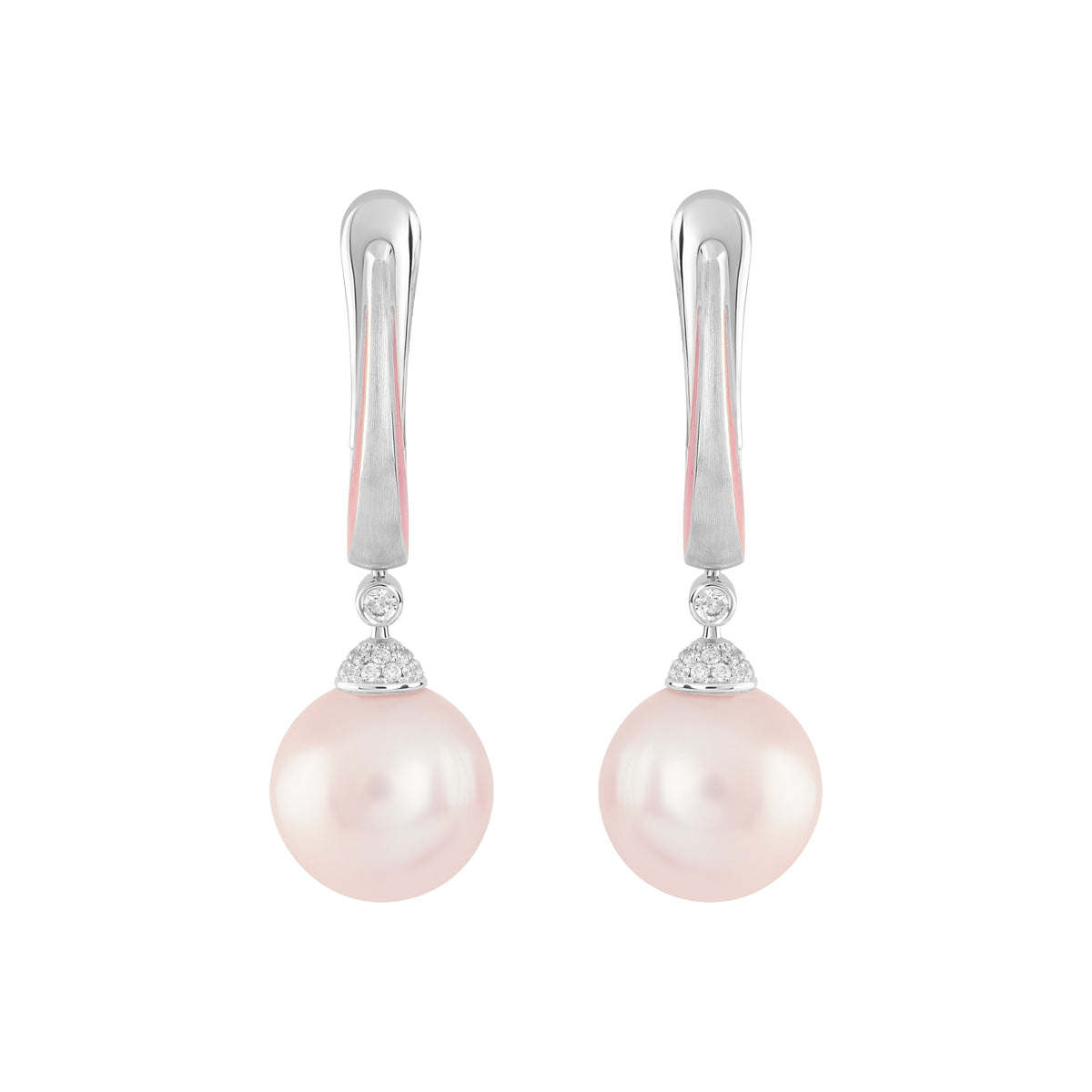 E 0143-4 18K White Gold, Pink Freshwater Pearl, Diamonds Enamel Earrings