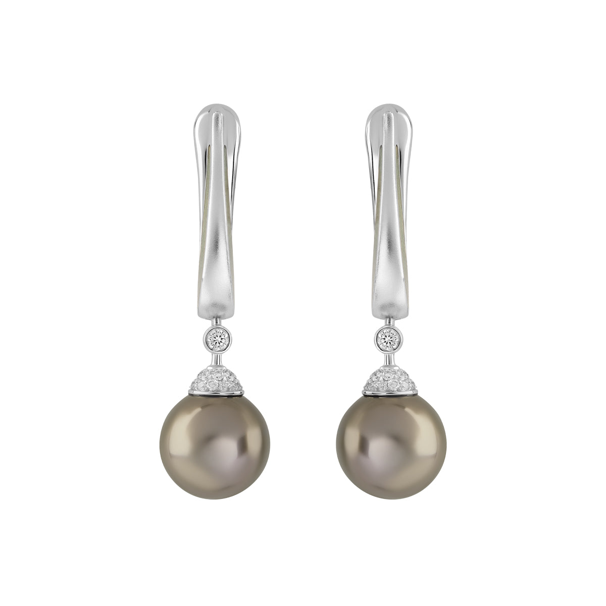 E 0143-4 18K White Gold, Tahiti Pearl, Diamonds Enamel Earrings