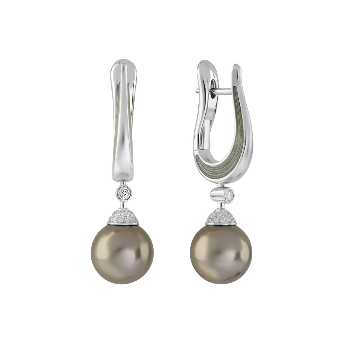 E 0143-4 18K White Gold, Tahiti Pearl, Diamonds Enamel Earrings