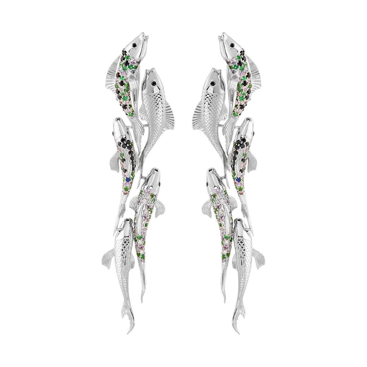 Tsavorite, Sapphires, Diamonds 18K White Gold Earrings, E 0251-1