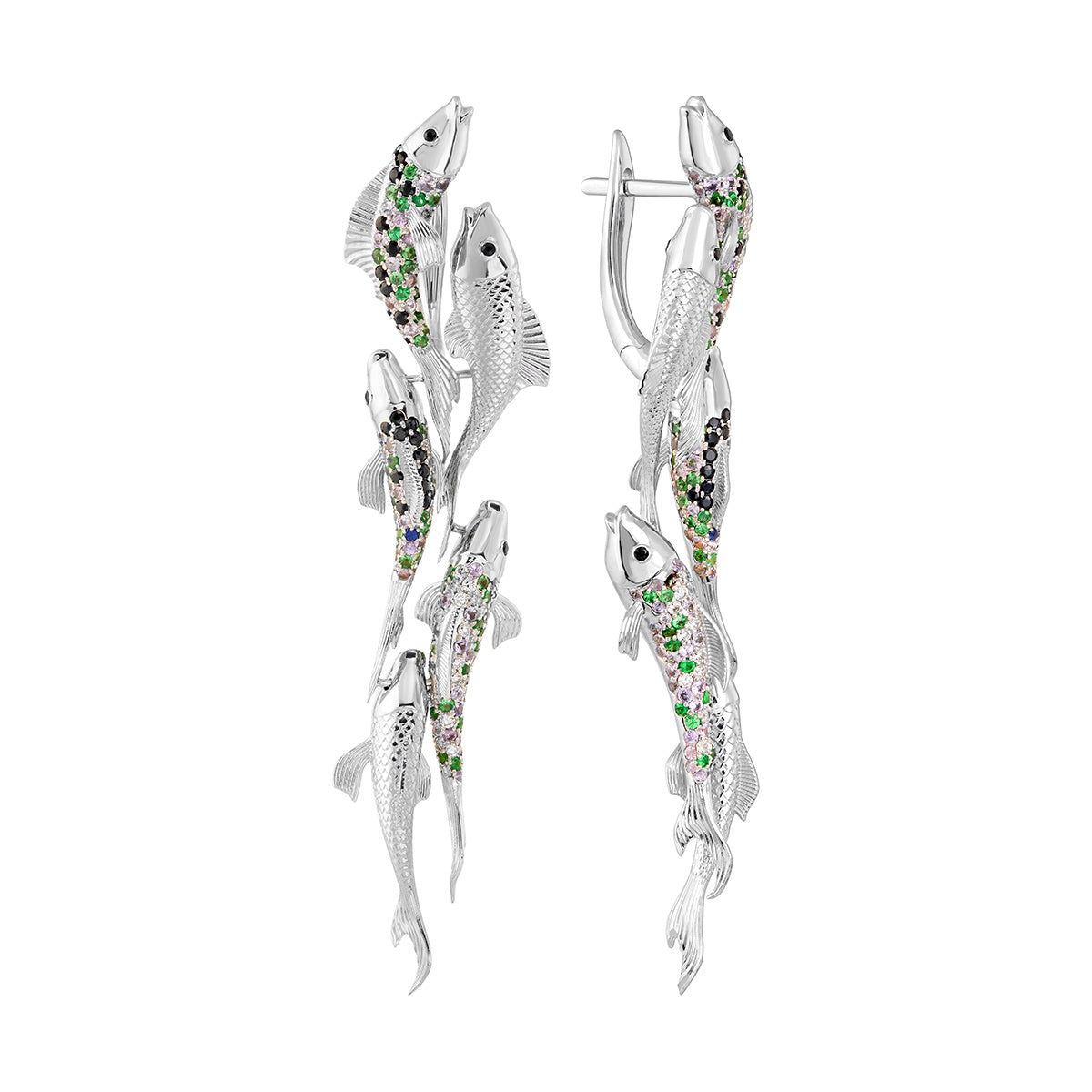 Tsavorite, Sapphires, Diamonds 18K White Gold Earrings, E 0251-1