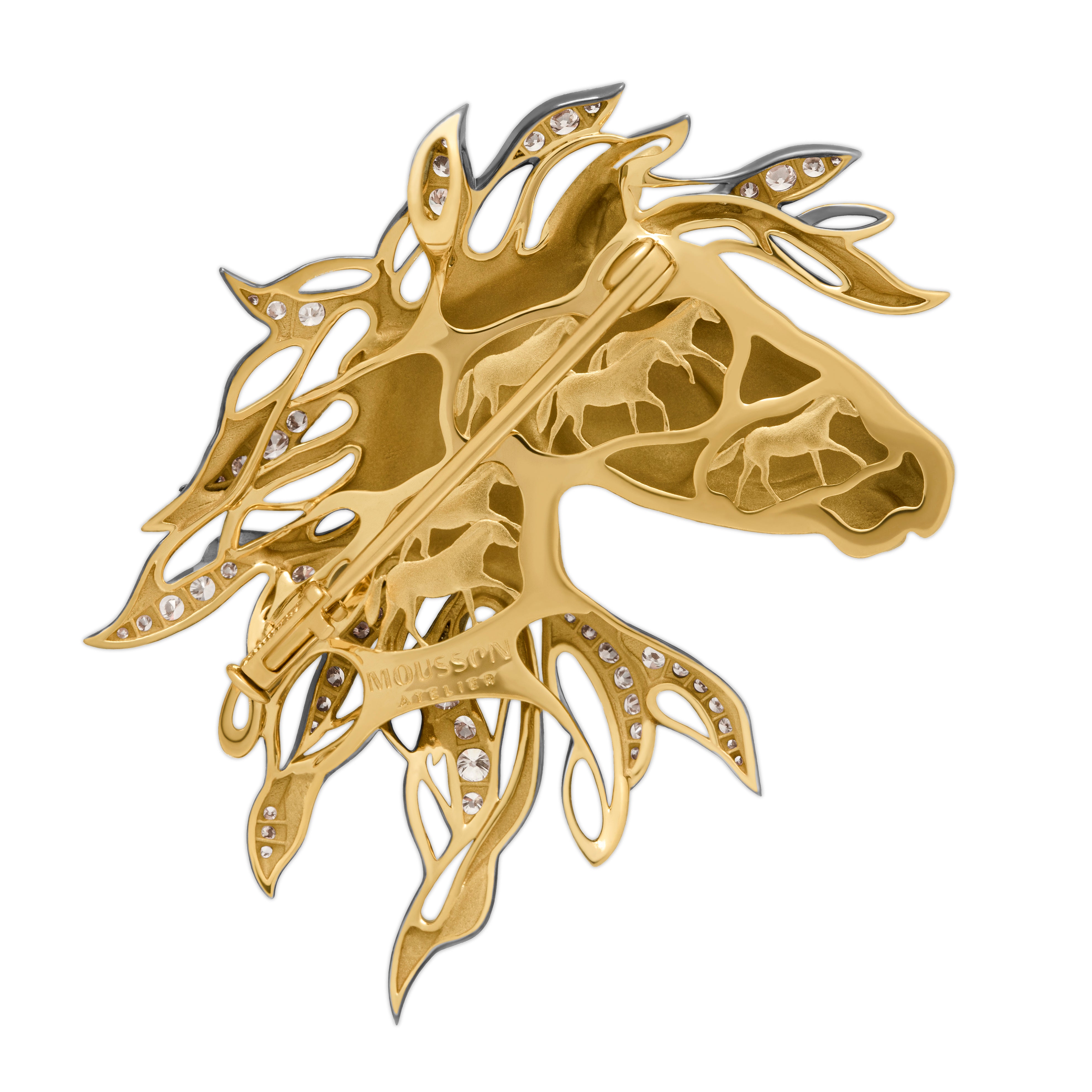 Brs 0231-0, 18K Yellow Gold, Champagne Diamonds Horse Head Brooch
