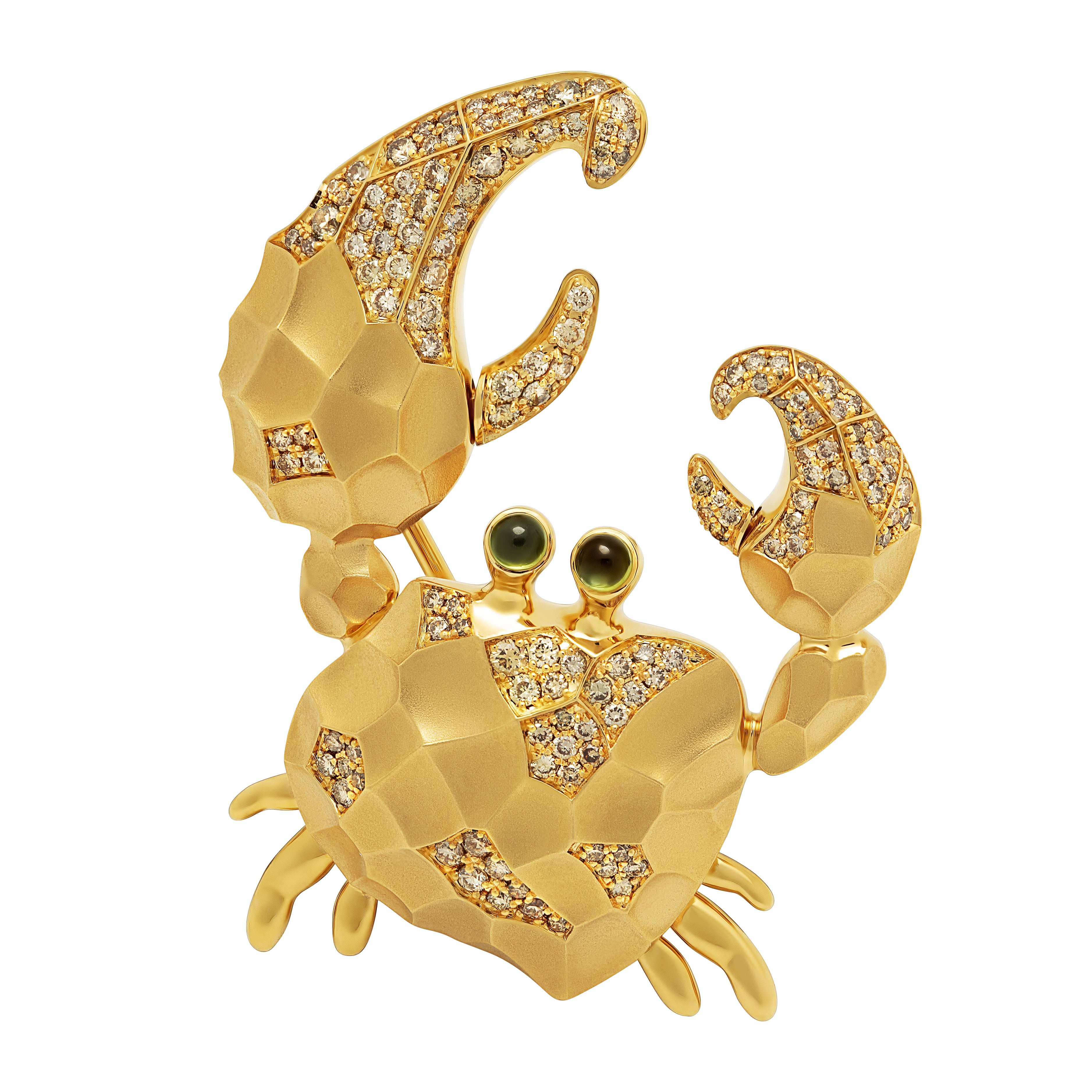 Brs 0247-0, 18K Yellow Gold, Champagne Diamonds, Tourmaline Crab Brooch