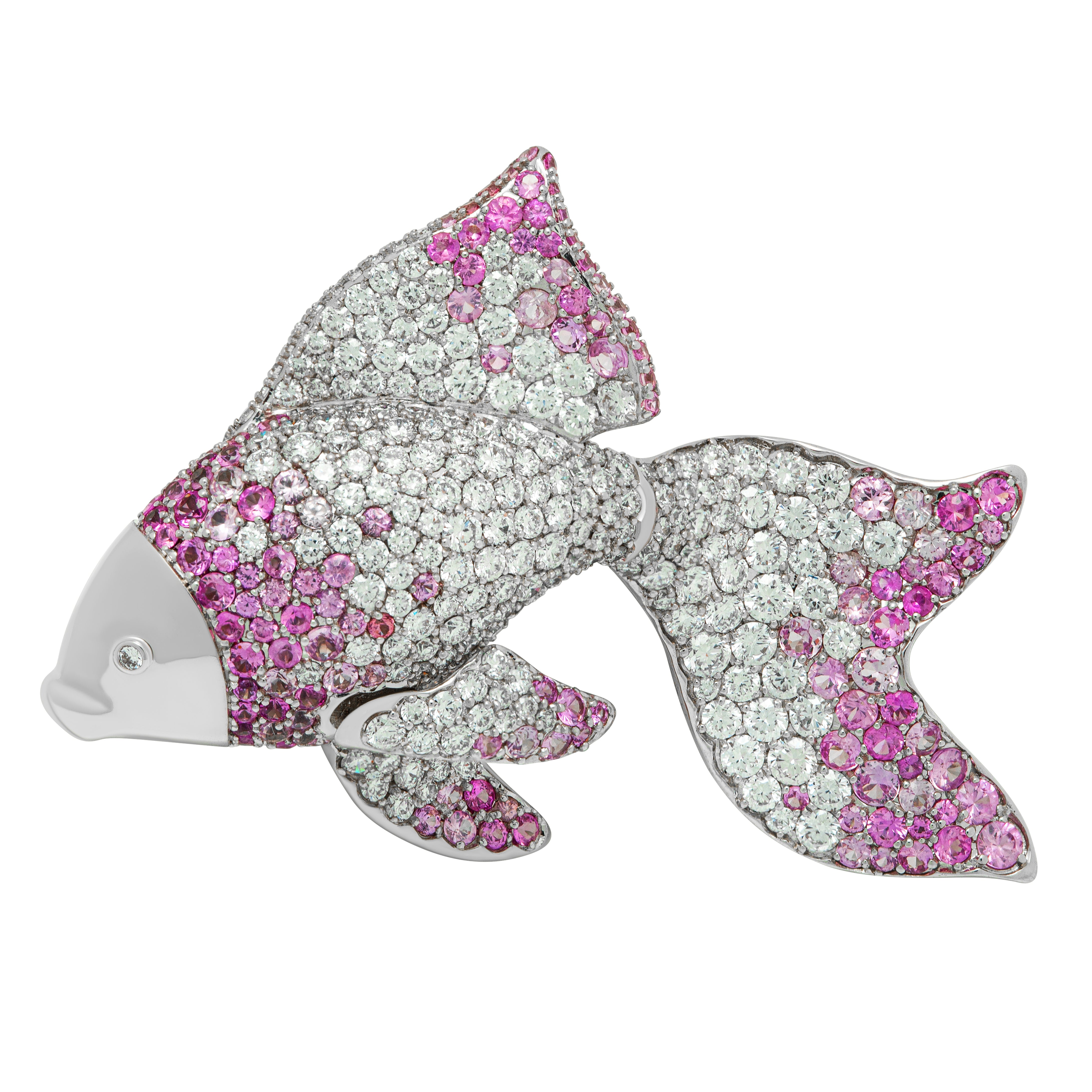 Brs 0251-21, 18K White Gold, Diamonds, Pink Sapphires Golden Fish Brooch