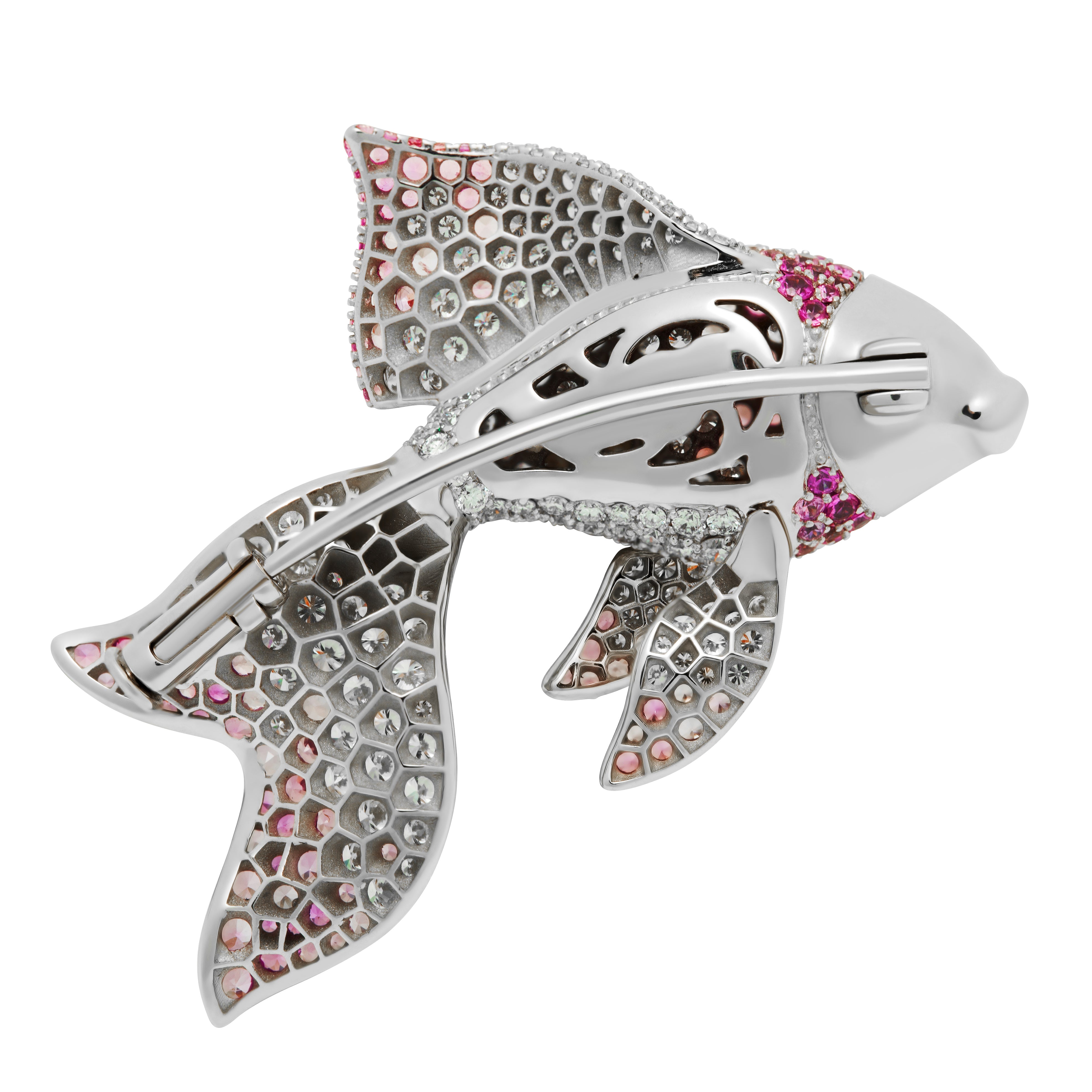 Brs 0251-21, 18K White Gold, Diamonds, Pink Sapphires Golden Fish Brooch