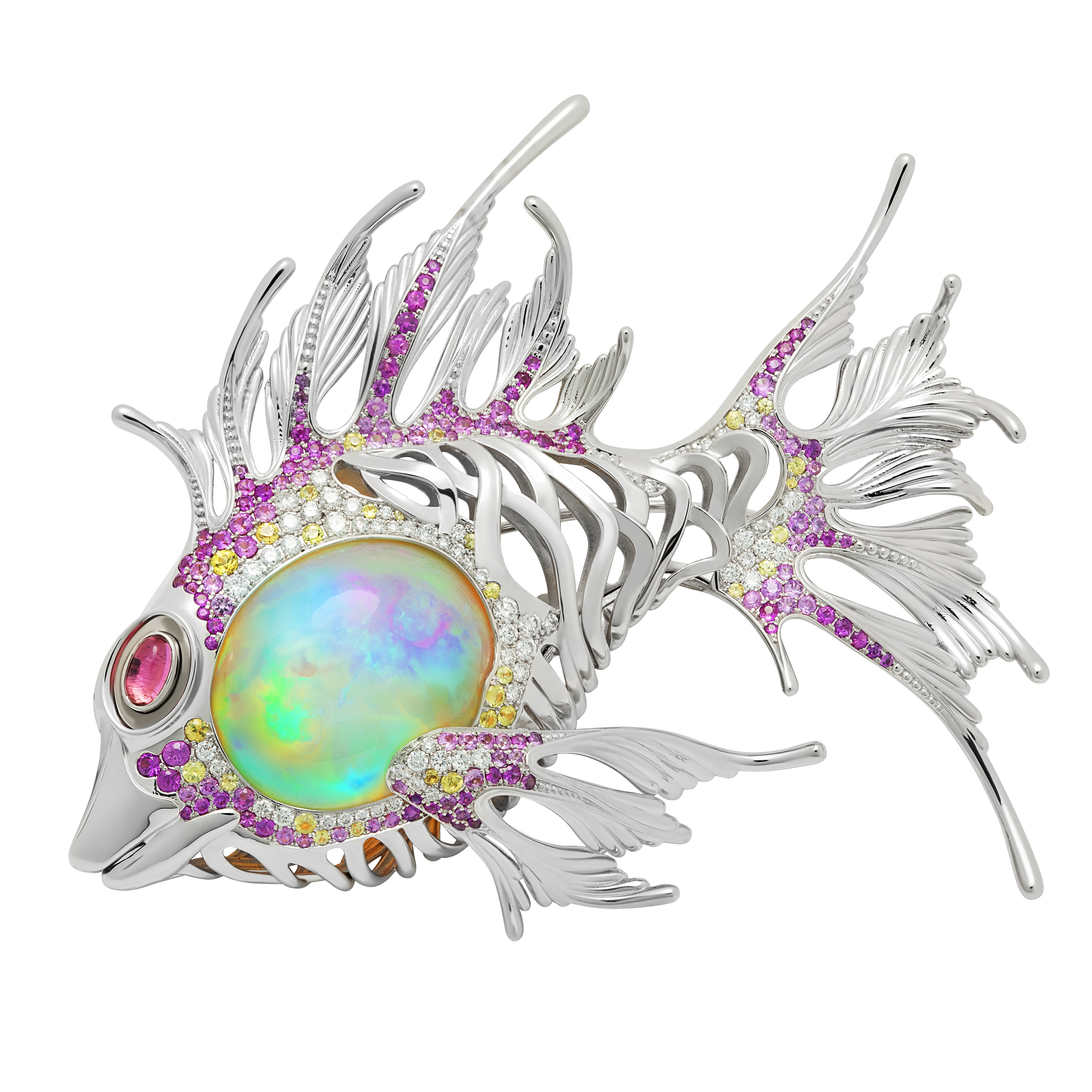 Brs 0251-3, 18K White Gold, Opal, Diamonds, Sapphires Lion Fish Brooch