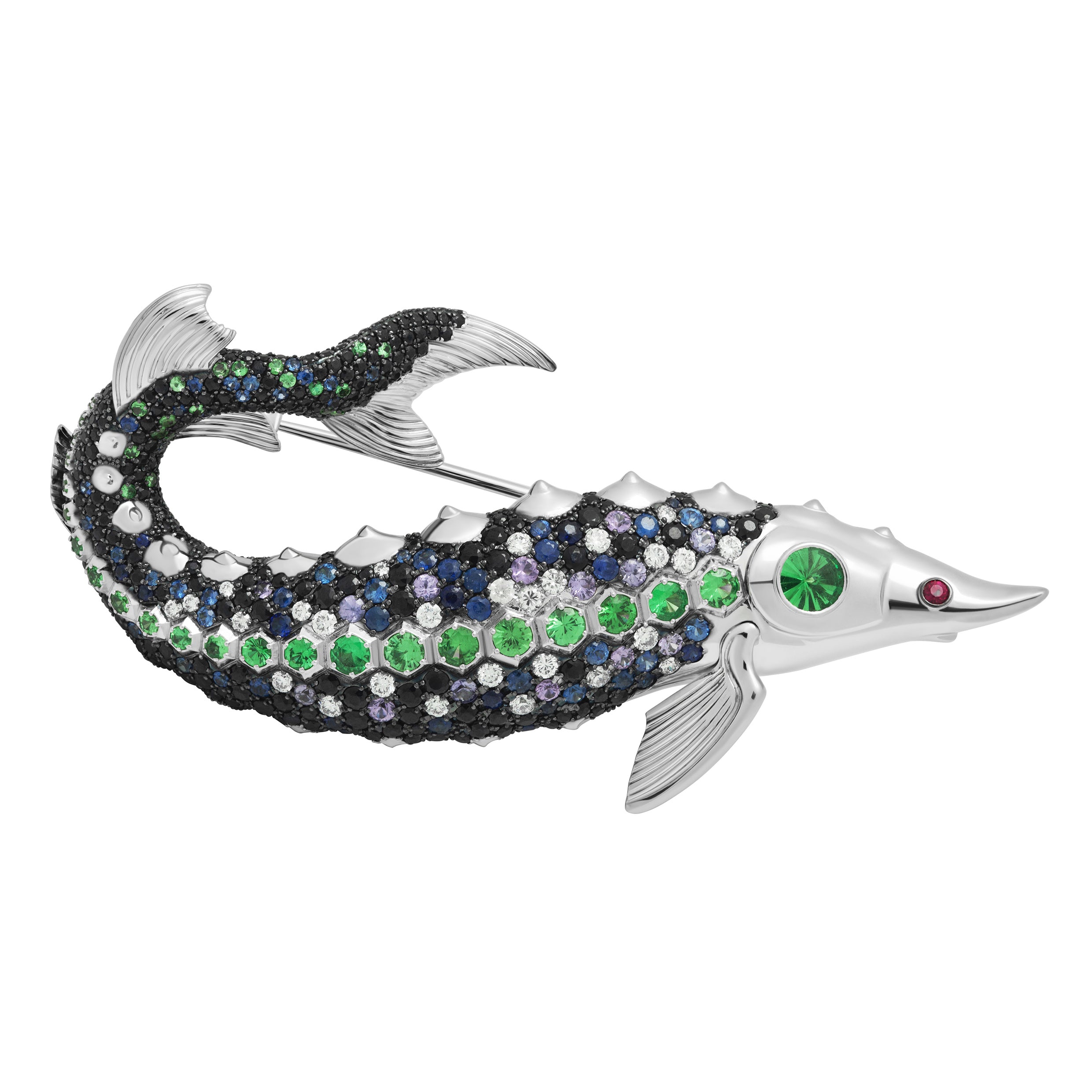 Brs 0277-0, 18K White Gold, Diamonds, Sapphires, Tsavorites Sturgeon Brooch