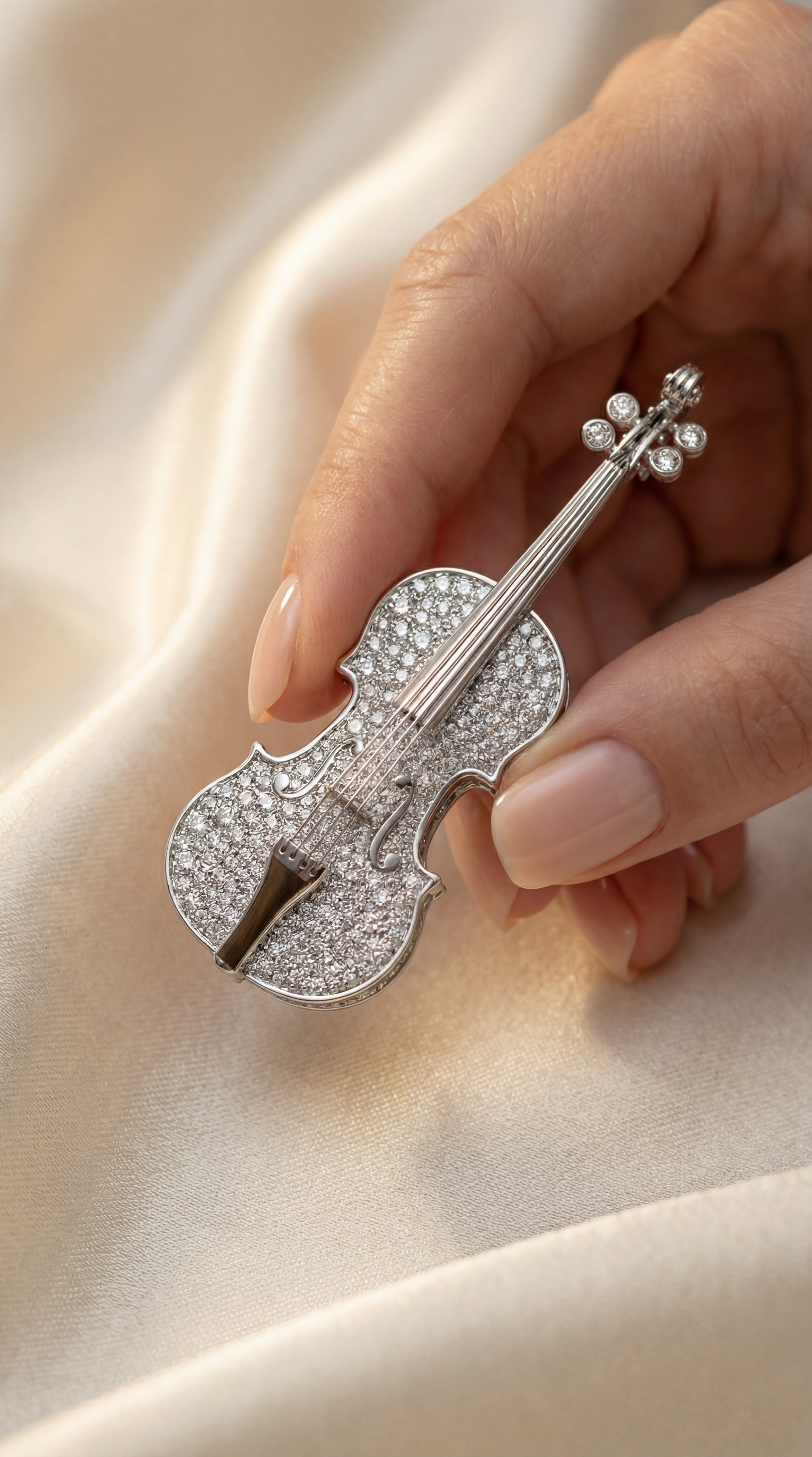 Diamonds 18K White Gold Violin Brooch, Brs 0267-20