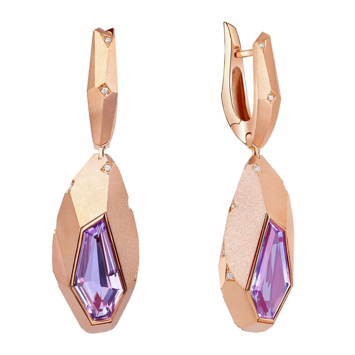 A pair of rose gold drop earrings with faceted geometric shapes and large purple gemstone Amethyst, shown on a plain white background.