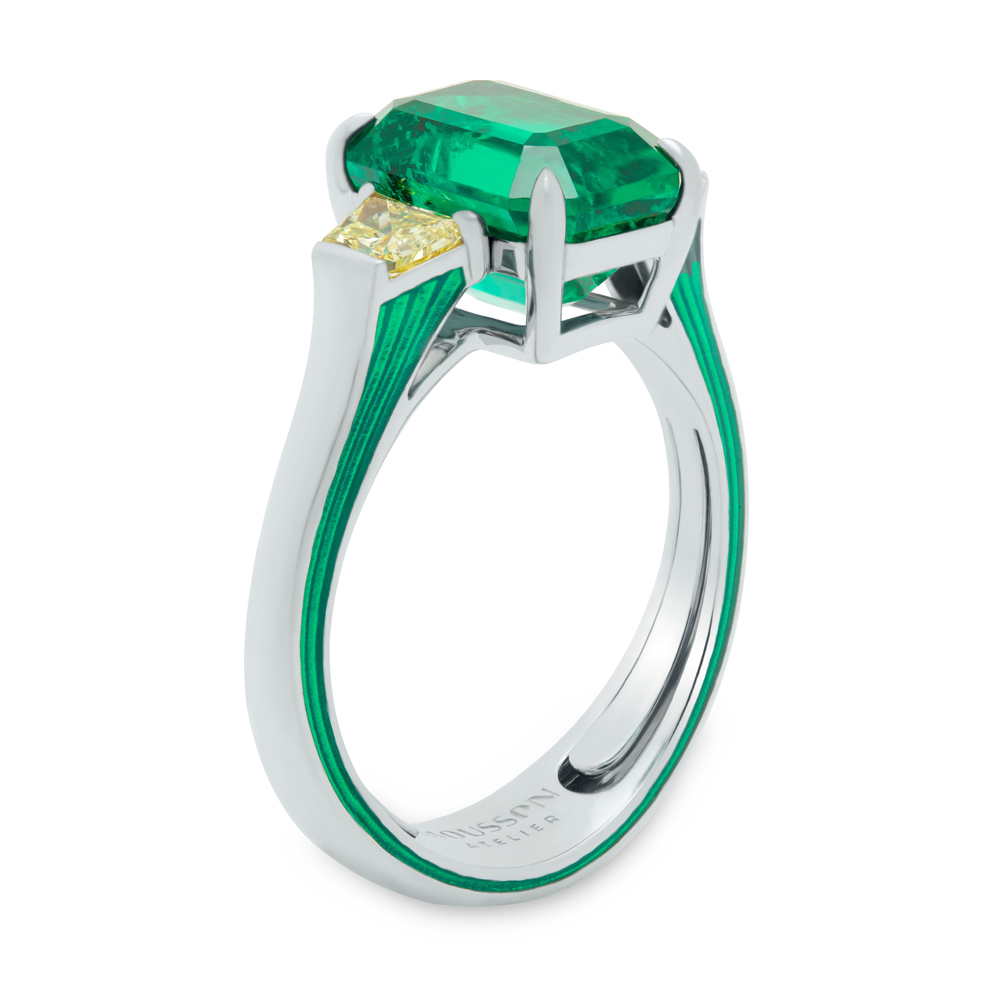 R 0020-18 18K White Gold, Emerald, Yellow Diamonds Ring