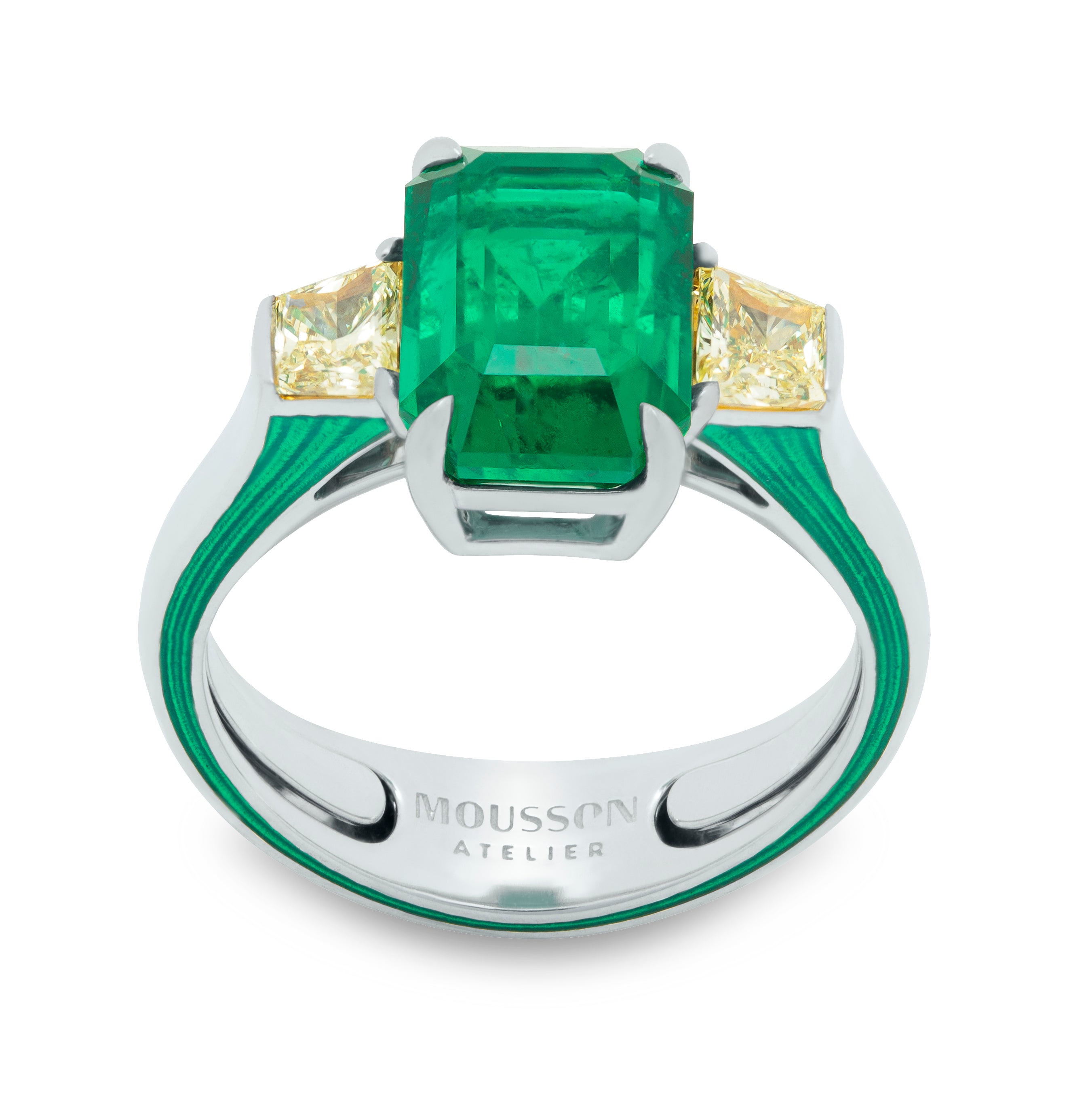 R 0020-18 18K White Gold, Emerald, Yellow Diamonds Ring