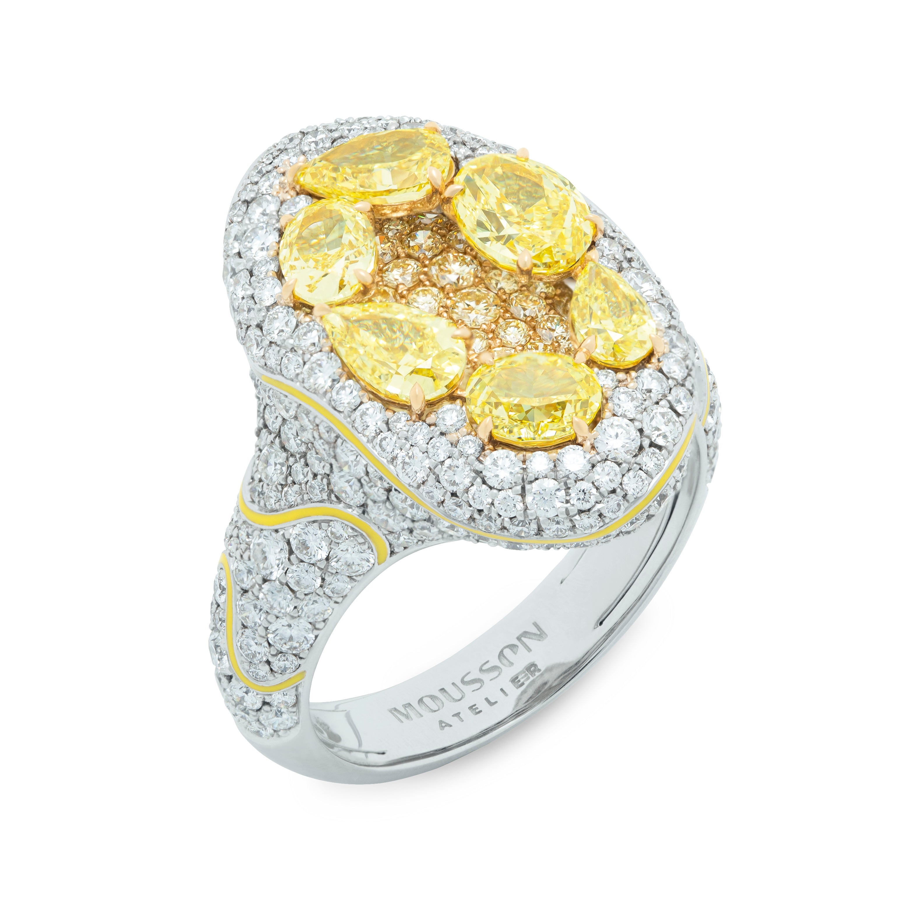 R 0262-0 18K White and Yellow Gold, Enamel, Fancy Yellow Diamonds, Diamonds Ring