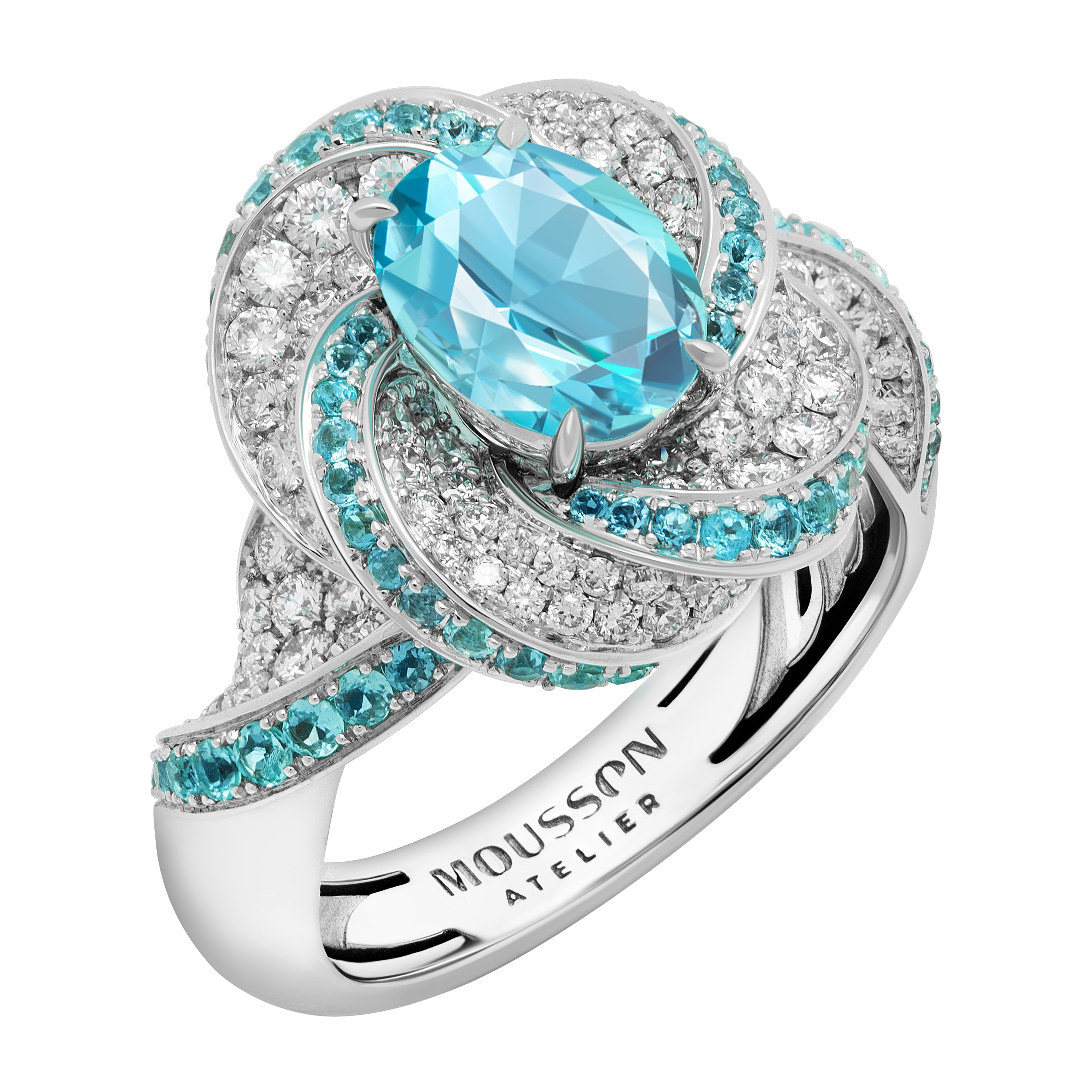 R 0121-30 18K White Gold, Paraiba Tourmaline, Diamonds Ring