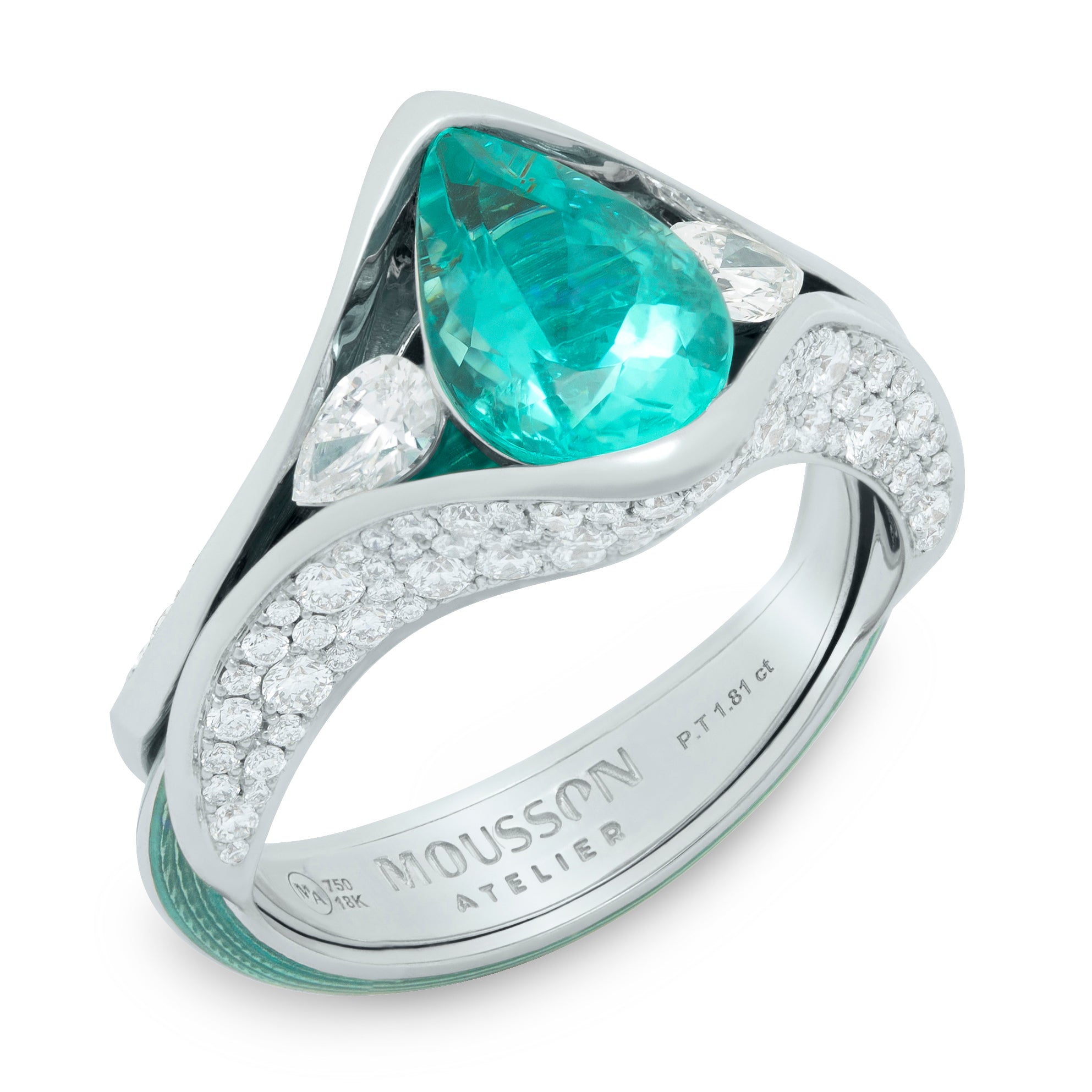 R 0127-3 18K White Gold, Enamel, Paraiba Tourmaline, Diamonds Ring