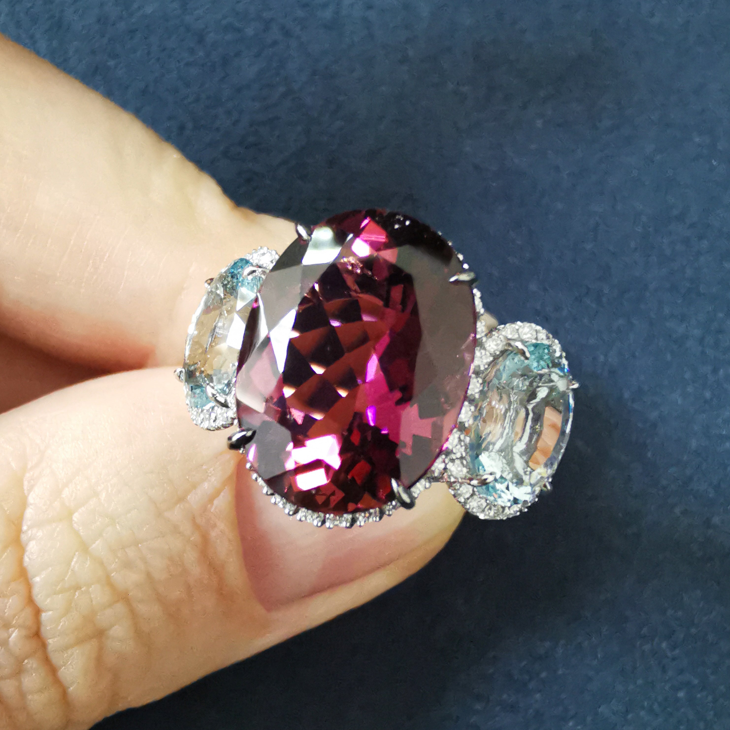 R 0022-23, 18K White Gold, Pink Tourmaline, Aquamarine, Diamonds Ring