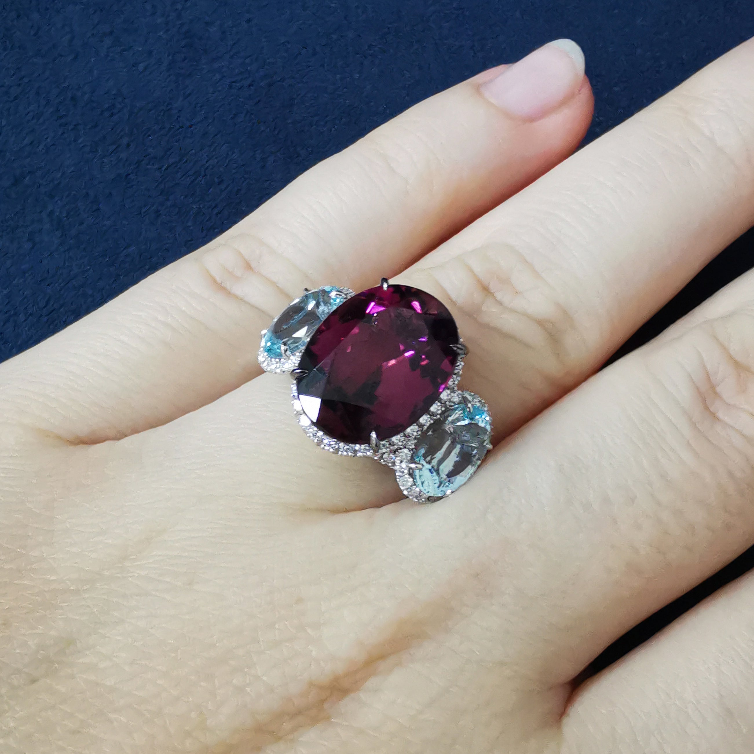 R 0022-23, 18K White Gold, Pink Tourmaline, Aquamarine, Diamonds Ring