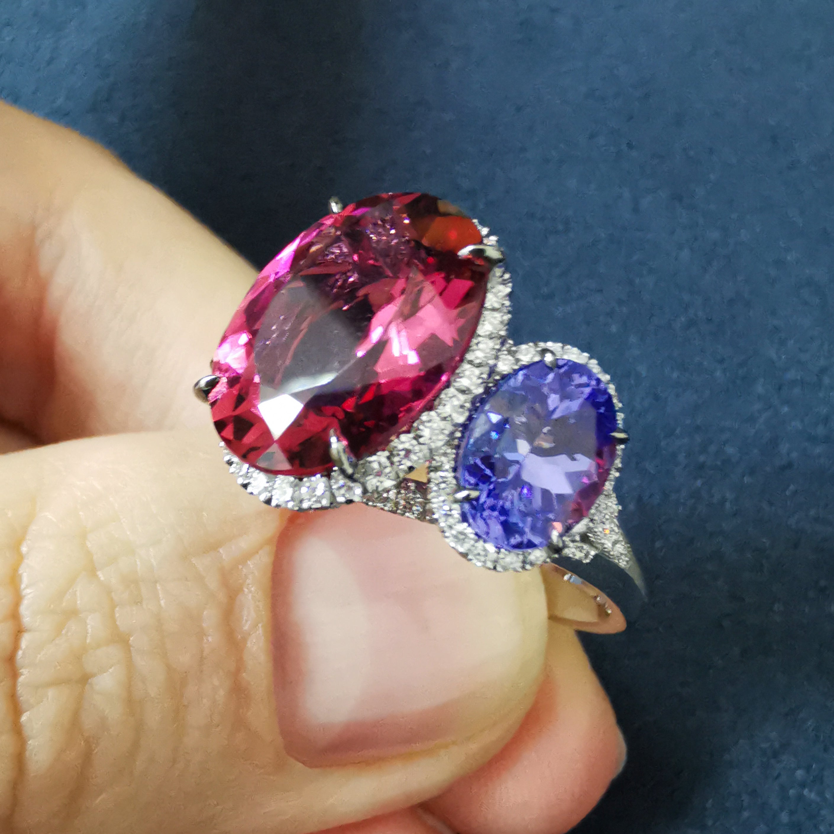 R 0022-24, 18K White Gold, Pink Tourmaline, Tanzanite, Diamonds Ring