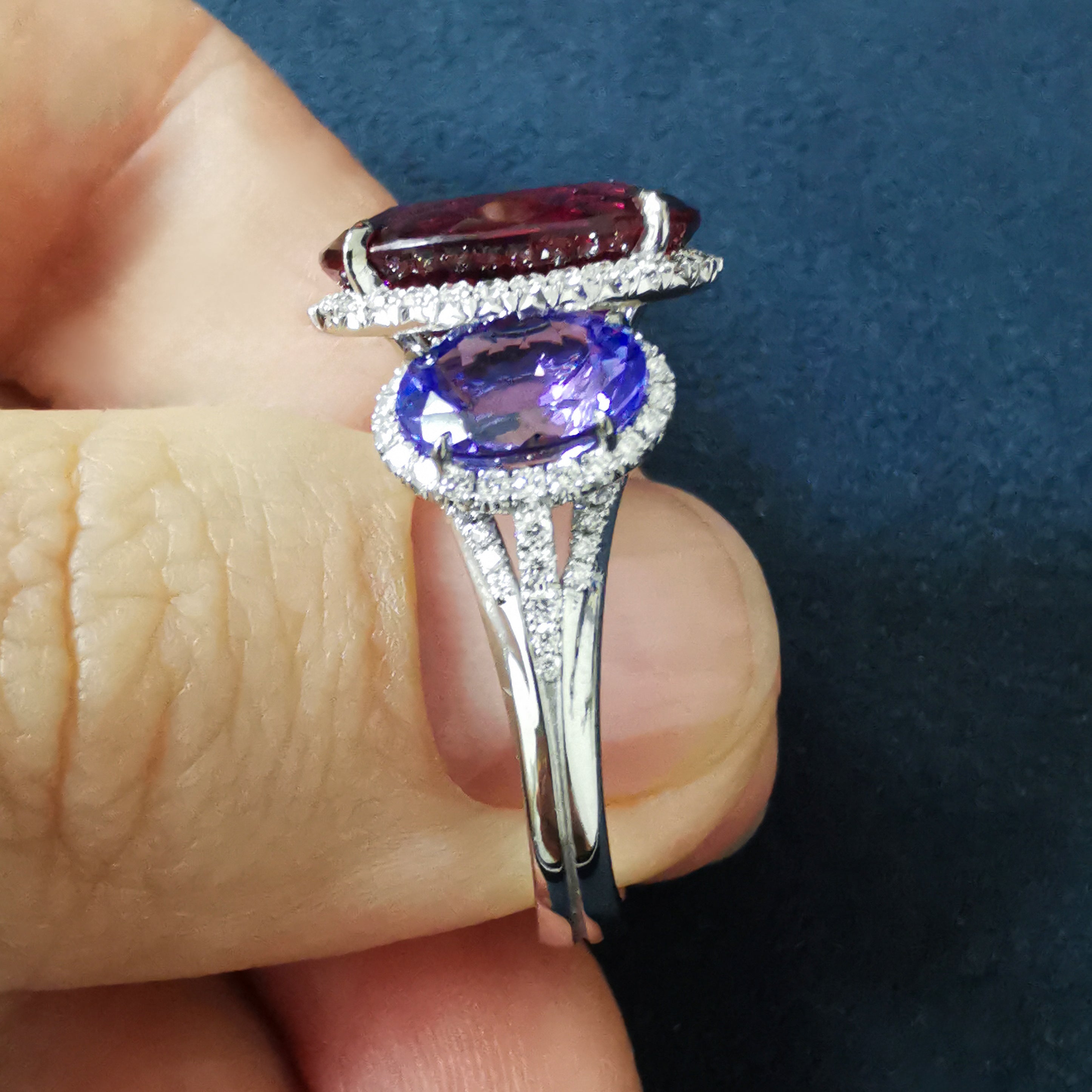 R 0022-24, 18K White Gold, Pink Tourmaline, Tanzanite, Diamonds Ring