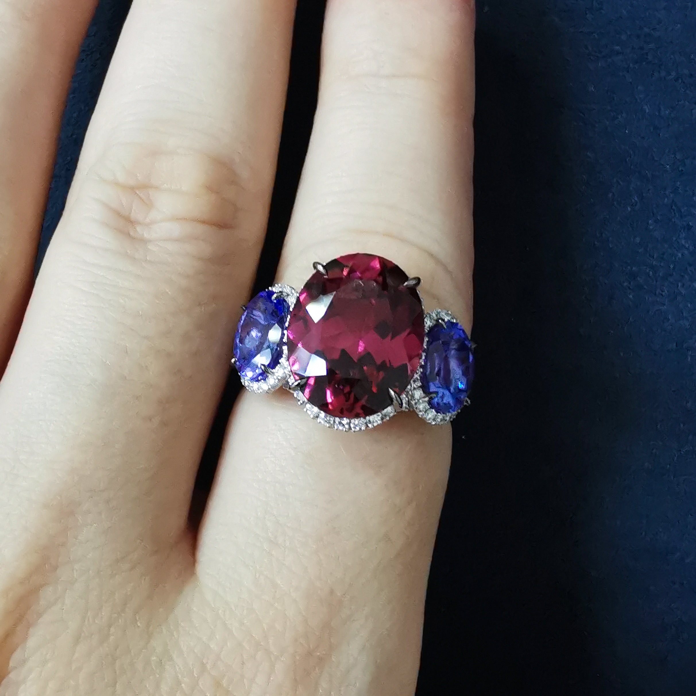 R 0022-24, 18K White Gold, Pink Tourmaline, Tanzanite, Diamonds Ring