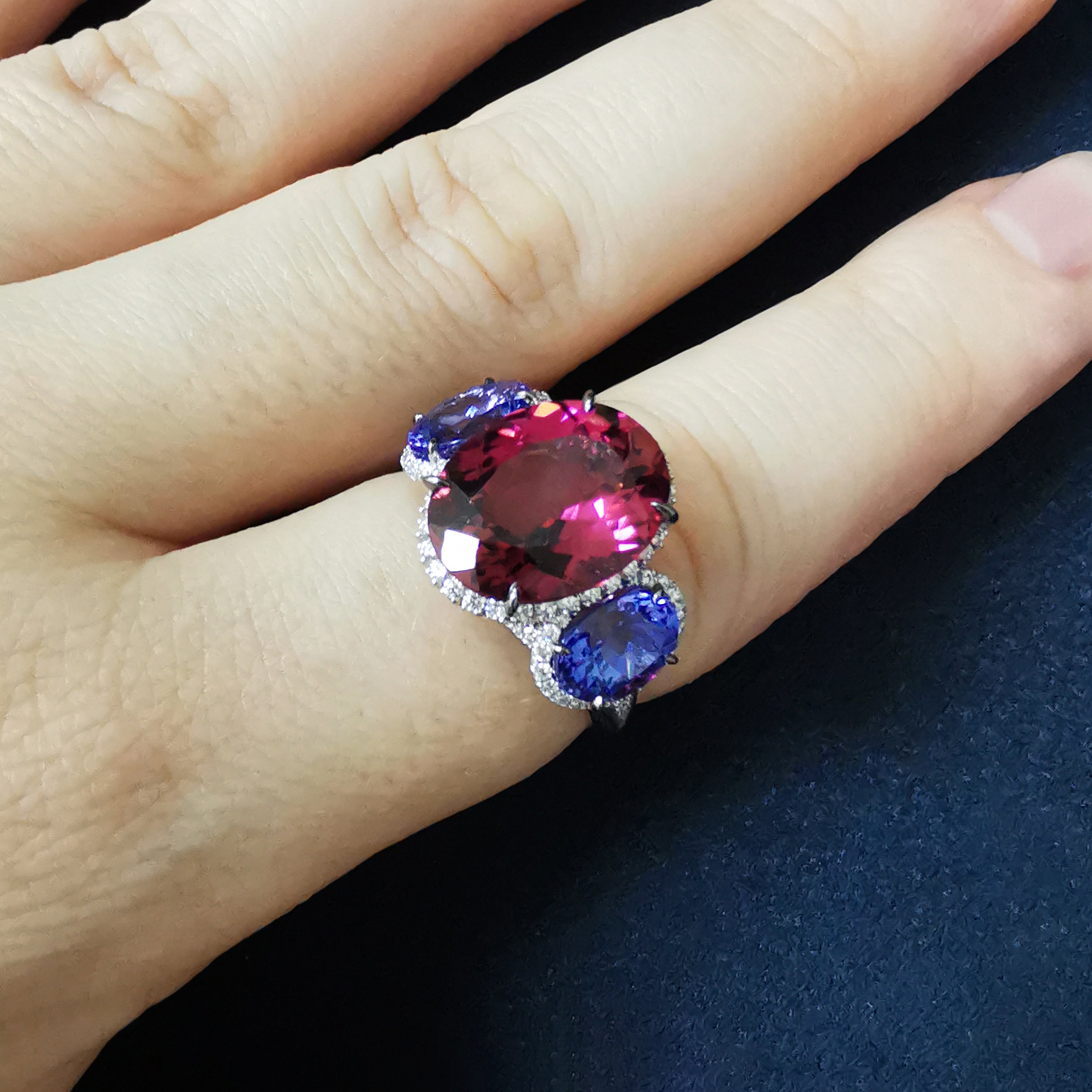 R 0022-24, 18K White Gold, Pink Tourmaline, Tanzanite, Diamonds Ring