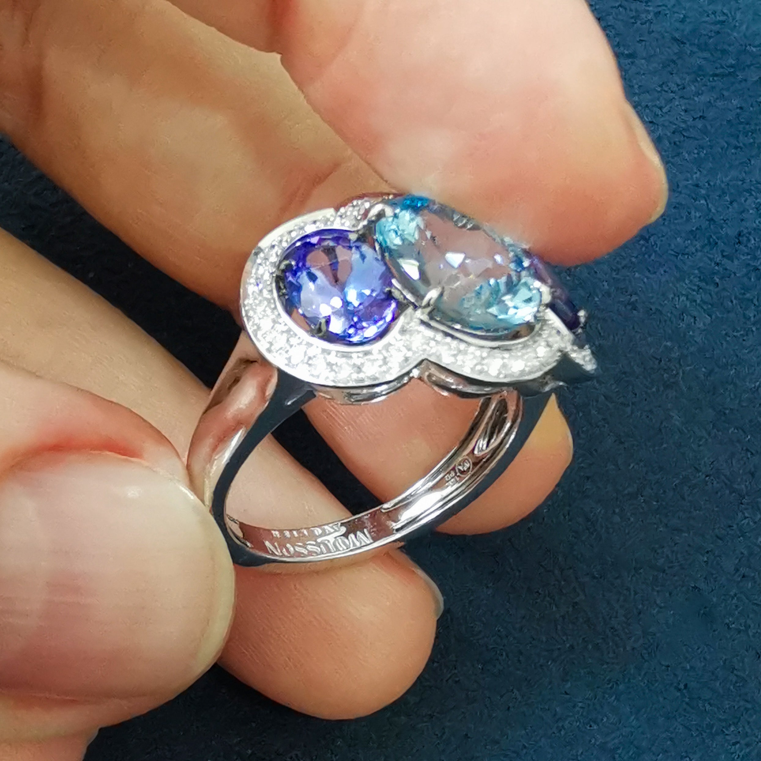 R 0022-11, 18K White Gold, Aquamarine, Tanzanites, Diamonds Ring