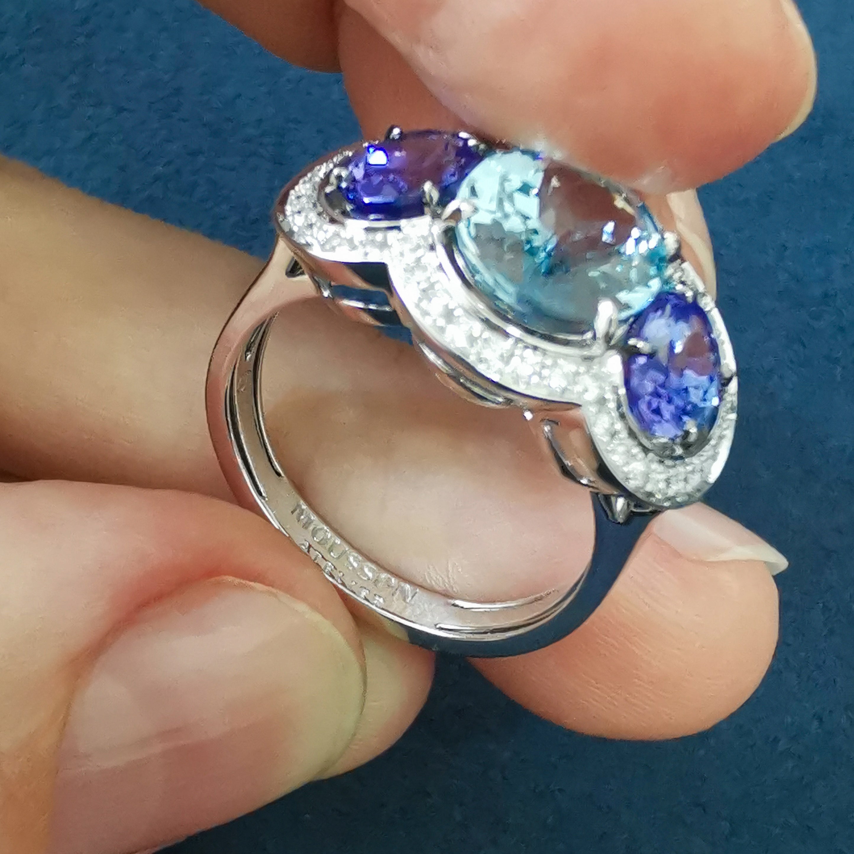 R 0022-11, 18K White Gold, Aquamarine, Tanzanites, Diamonds Ring