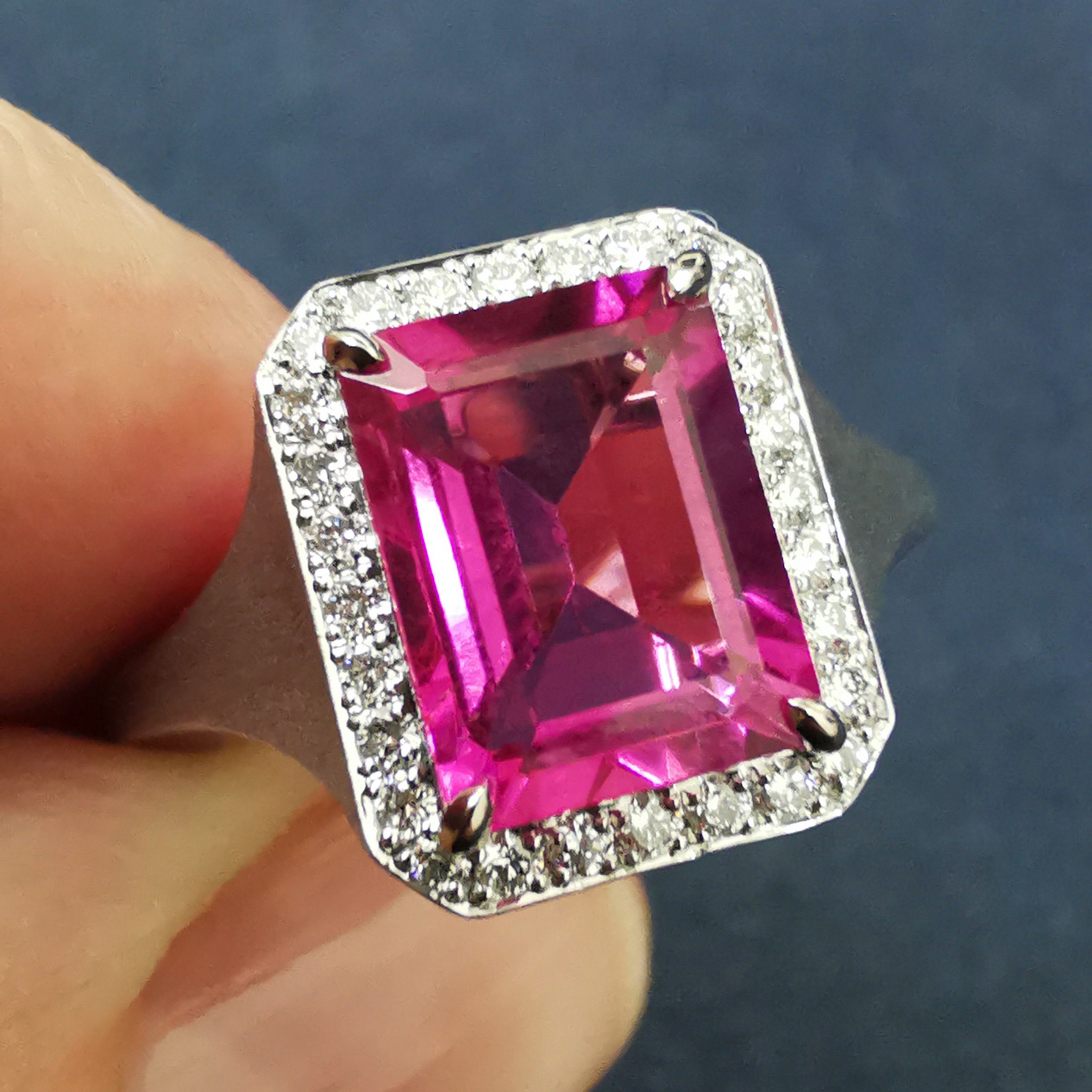 R 0143-13, 18K White Gold, Pink Tourmaline, Diamonds, Enamel Ring