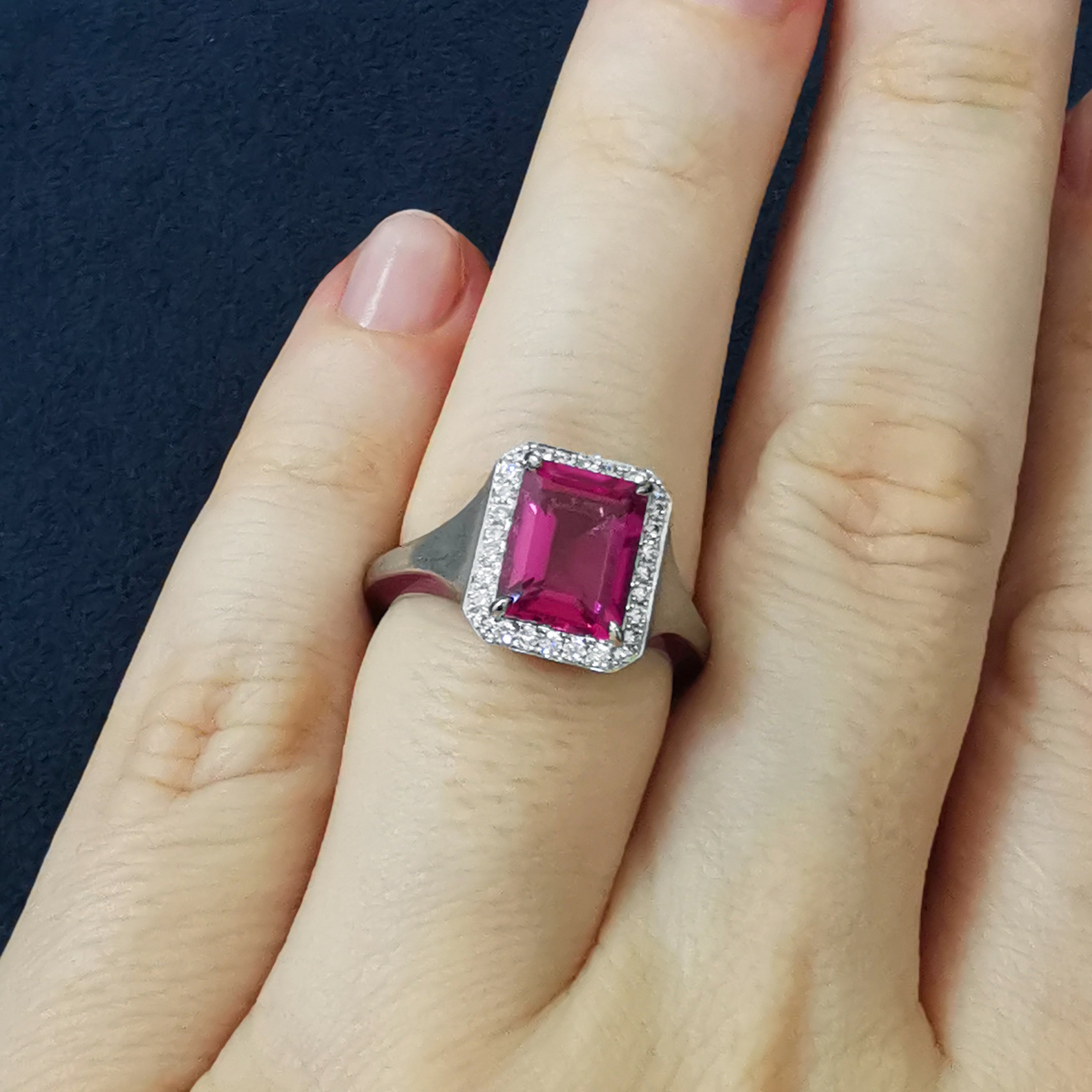 R 0143-13, 18K White Gold, Pink Tourmaline, Diamonds, Enamel Ring