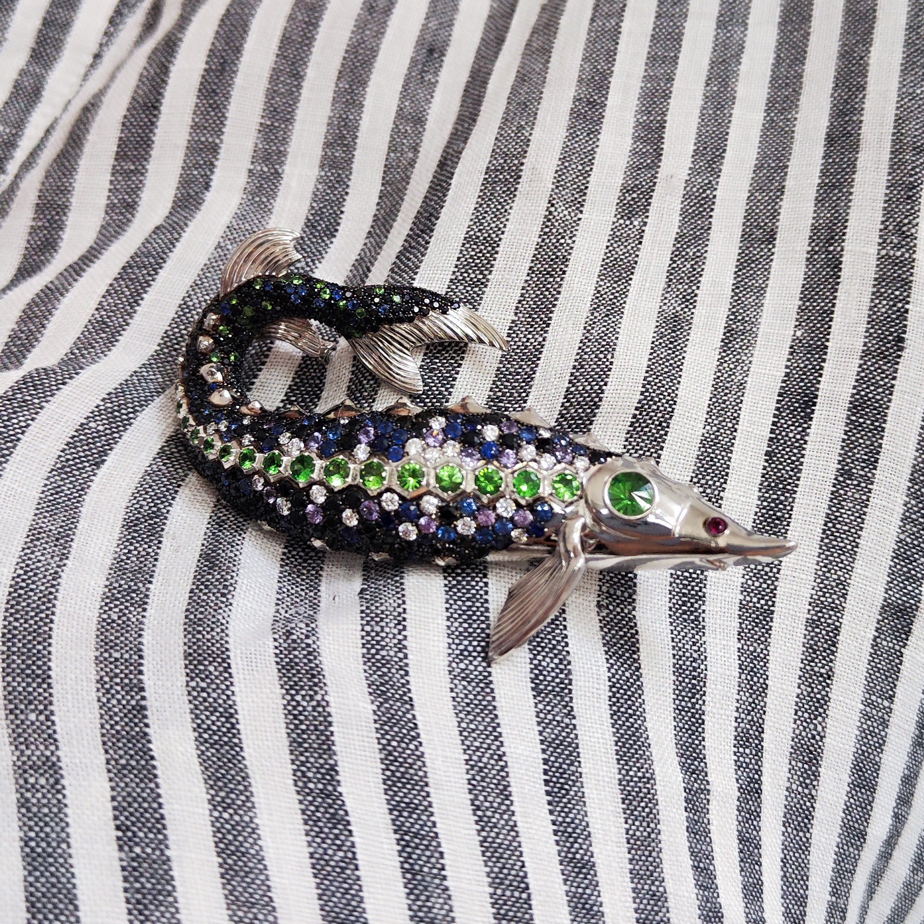 Brs 0277-0, 18K White Gold, Diamonds, Sapphires, Tsavorites Sturgeon Brooch