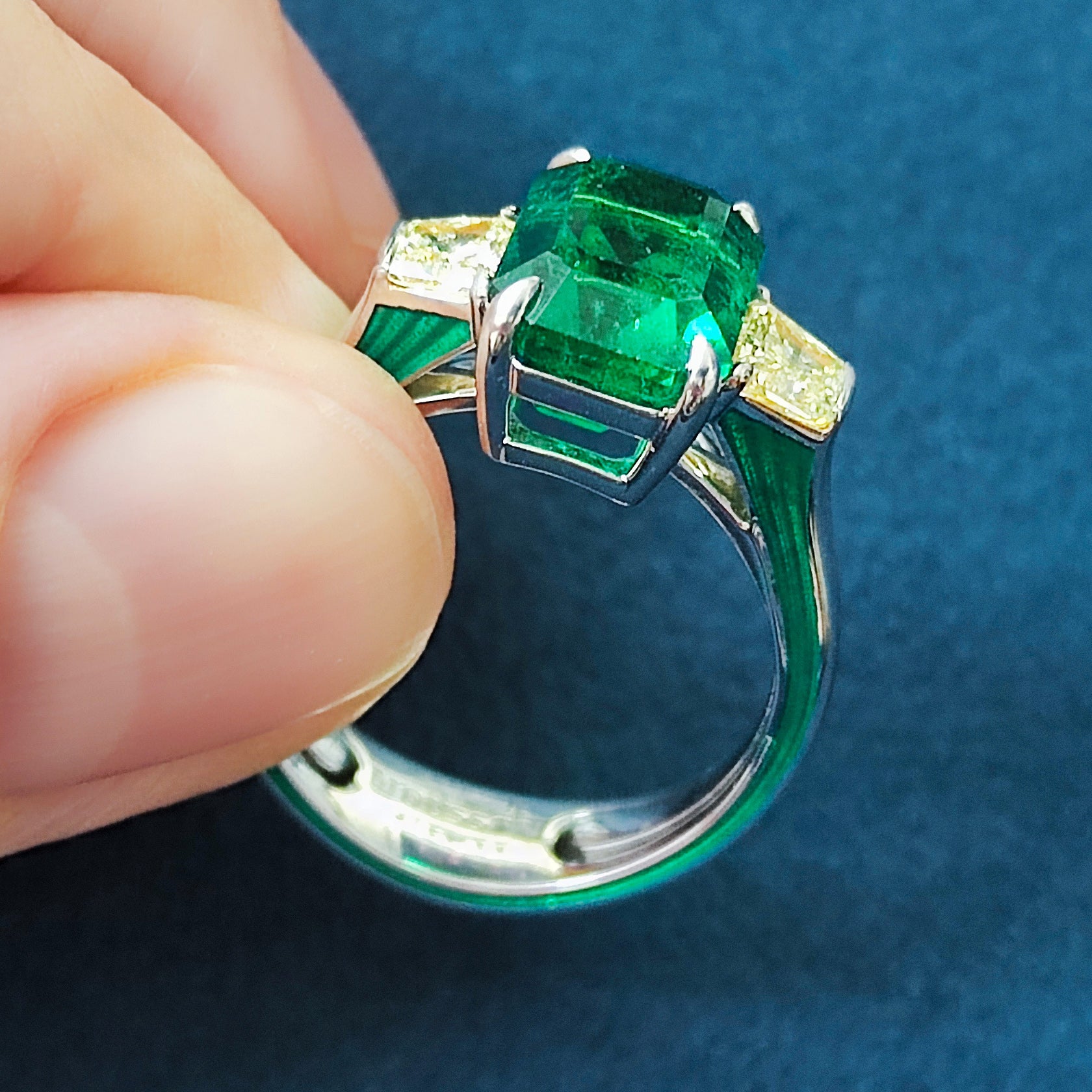 R 0020-18 18K White Gold, Emerald, Yellow Diamonds Ring