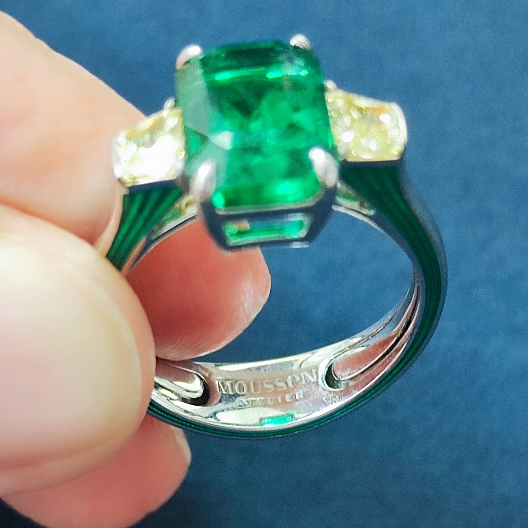 R 0020-18 18K White Gold, Emerald, Yellow Diamonds Ring