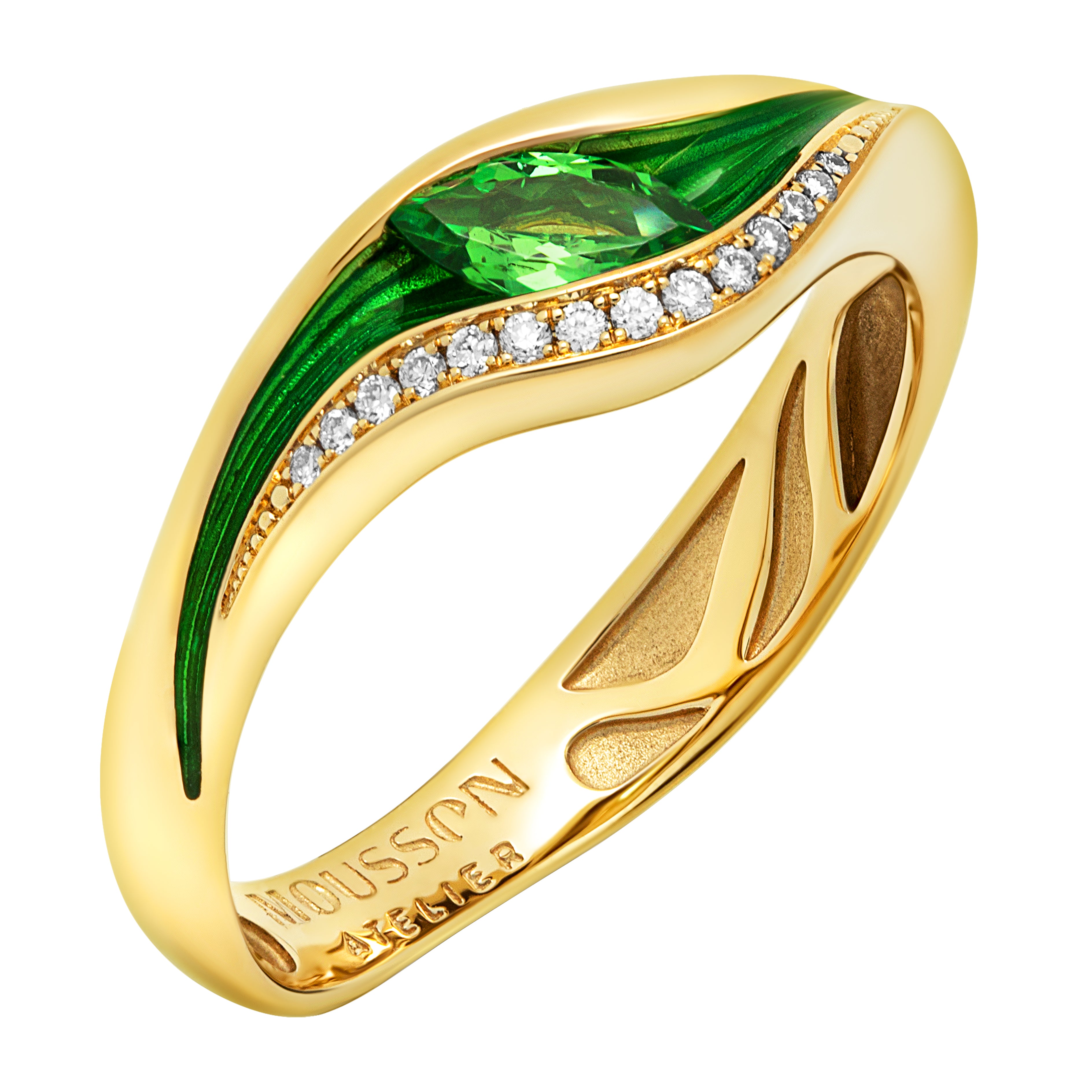 R 0123-8 18K Yellow Gold, Enamel, Tsavorite Garnet, Diamonds Ring