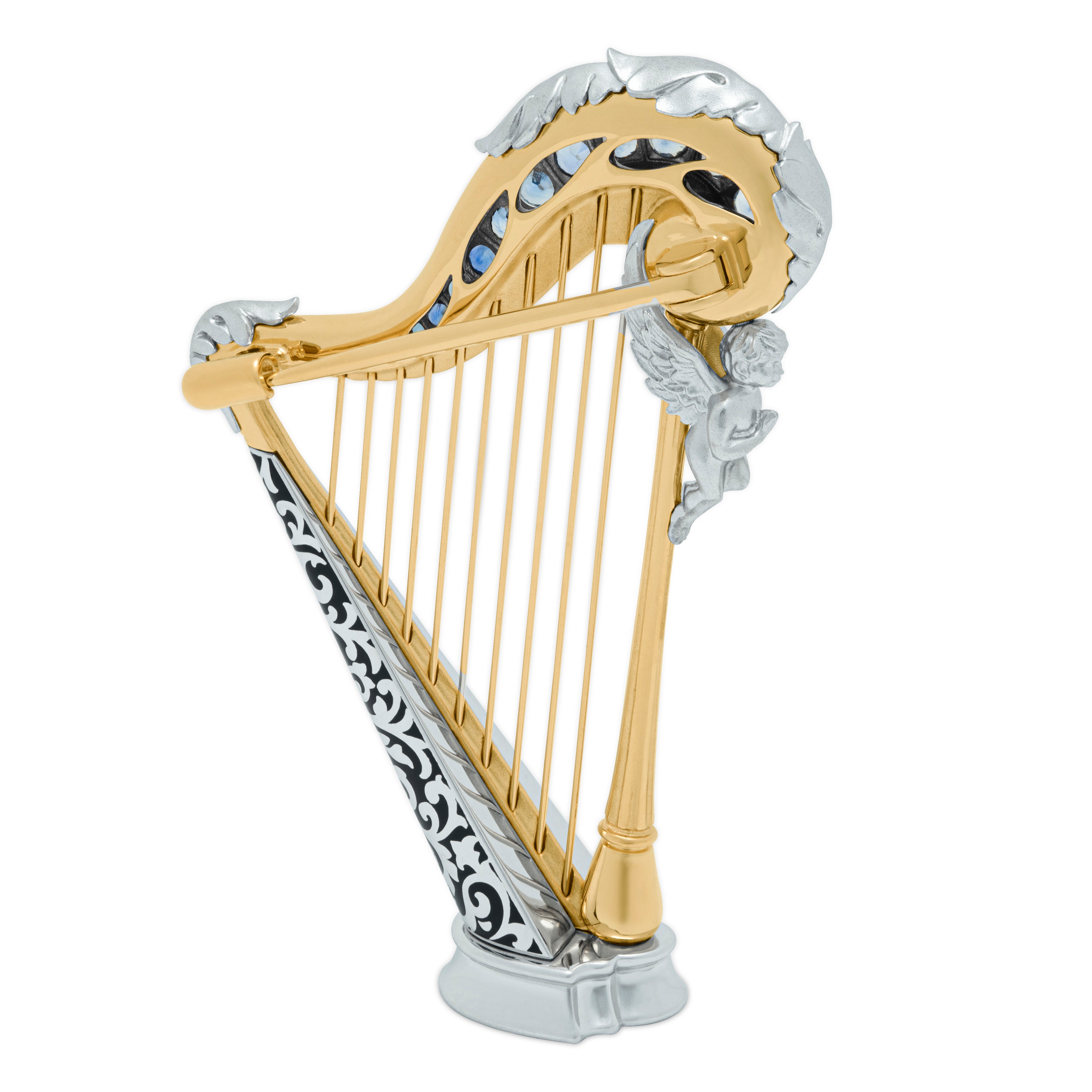 Brs 0267-3, 18K White Yellow Gold, Enamel, Sapphire Harp Brooch