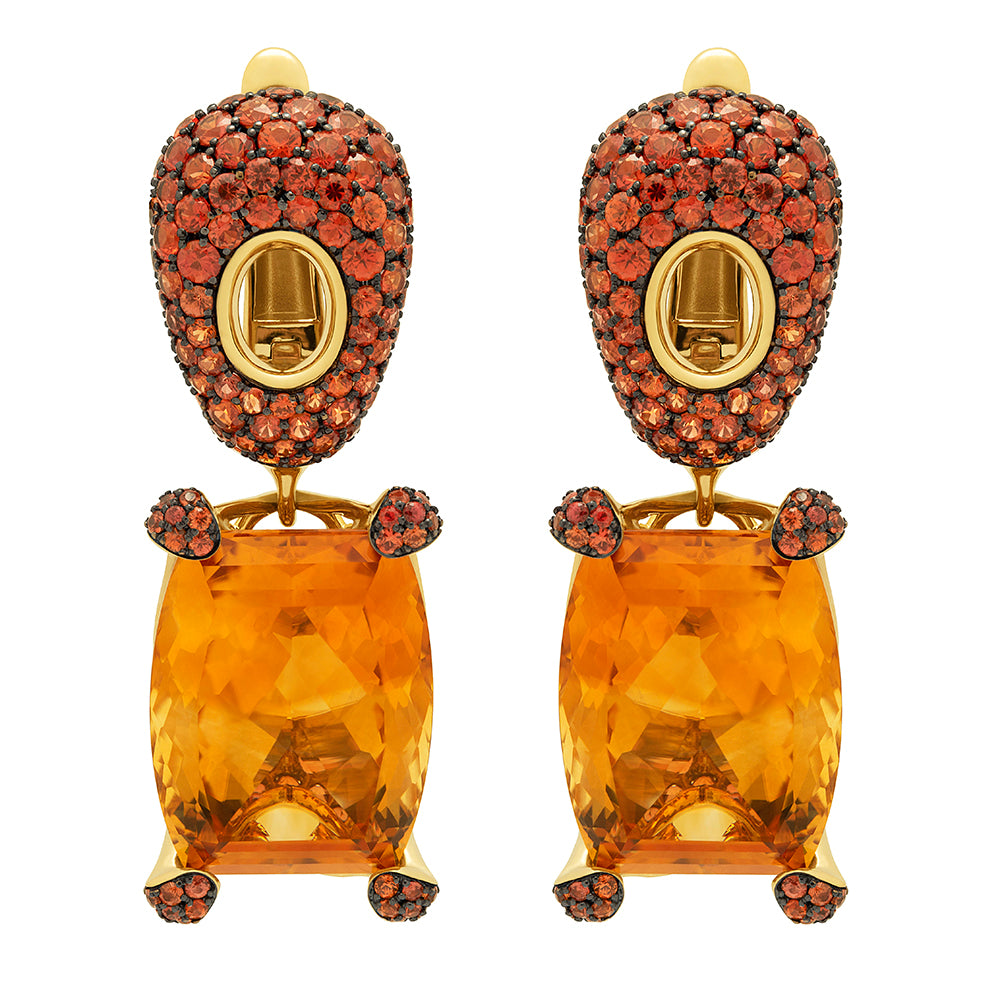 E 0049-1, 18K Yellow Gold, Citrine, Orange Sapphire Earrings