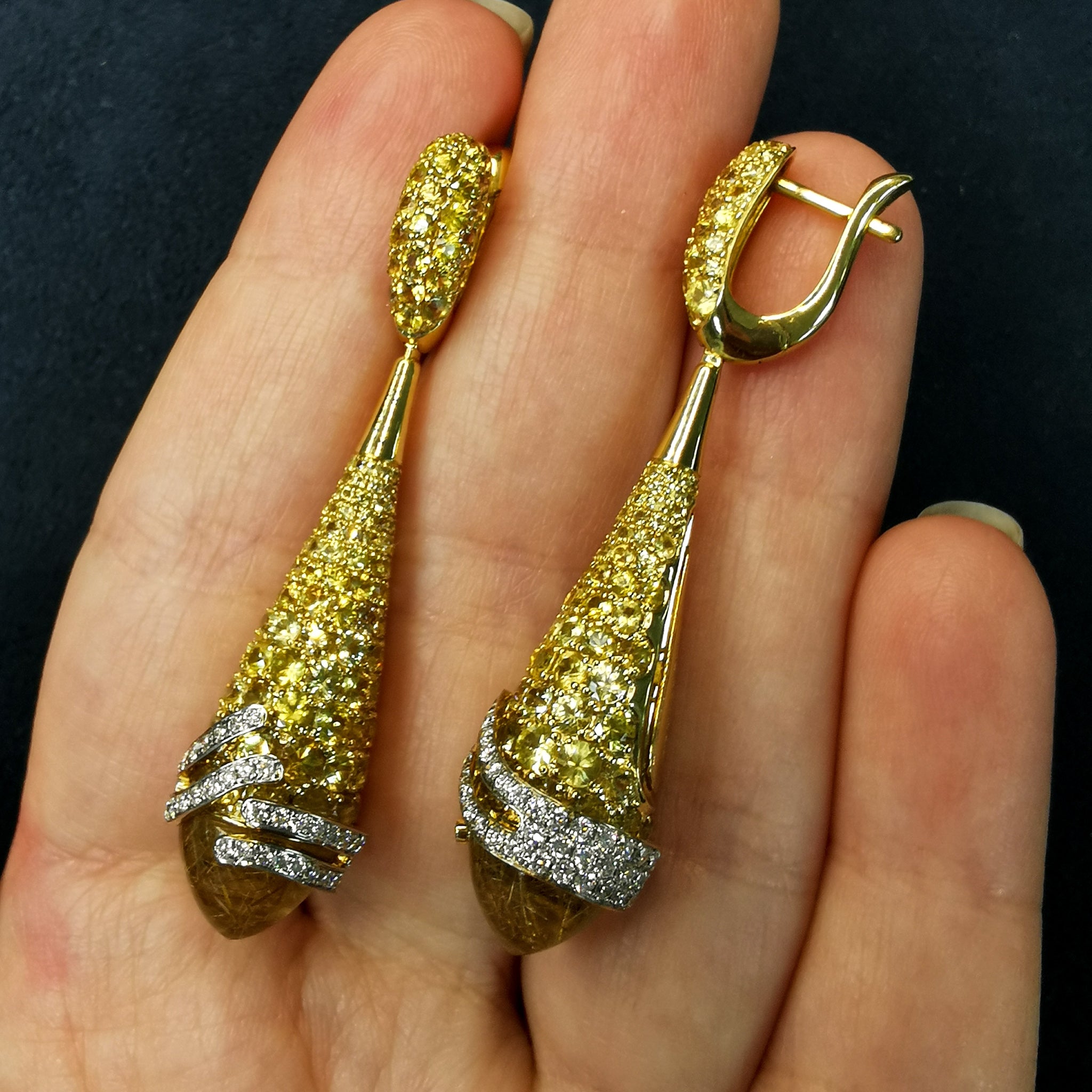 E 0053-1, 18K Rutilated Quartz, Yellow Sapphire, Diamonds Earrings
