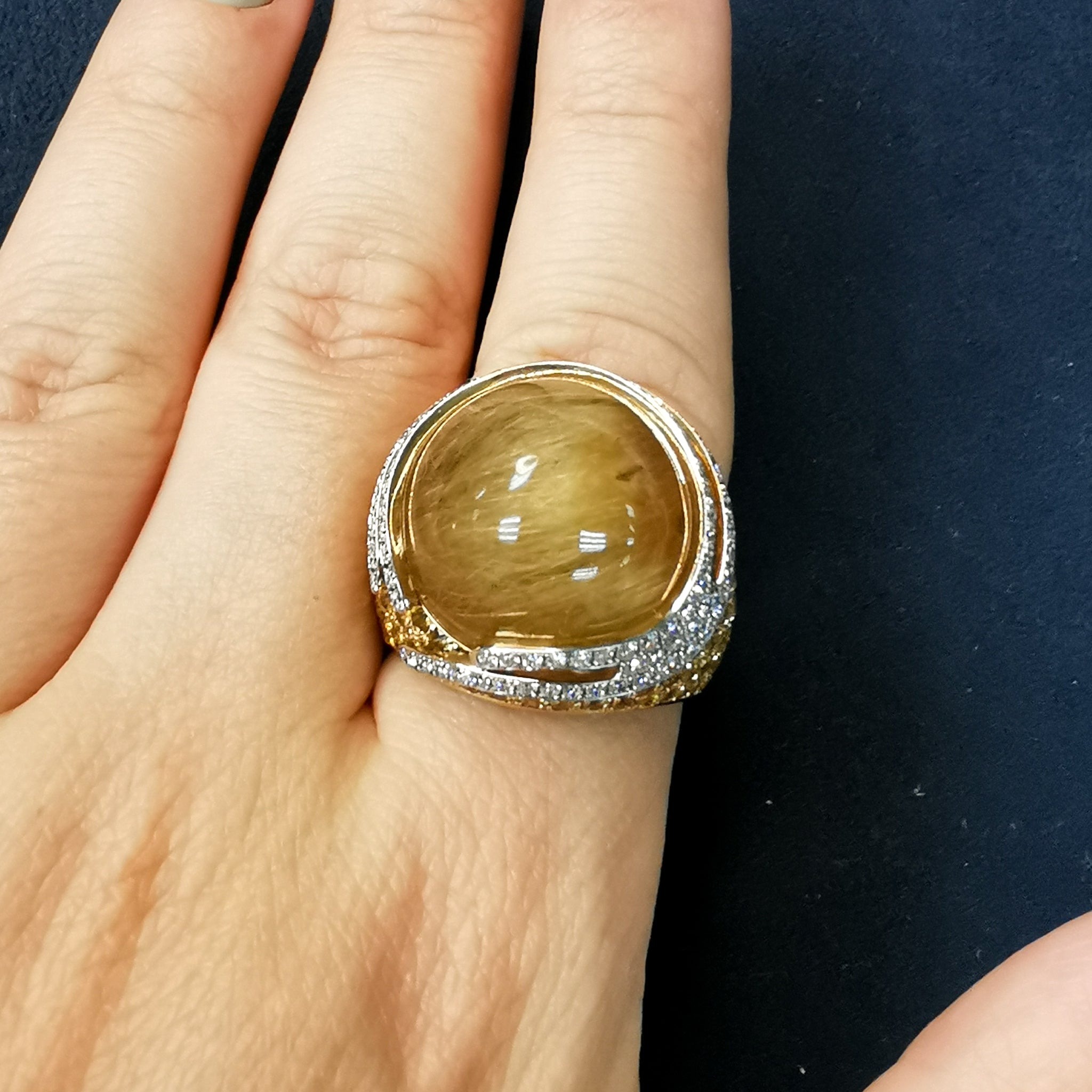 R 0053-0 18K Yellow Gold, Rutilated Quartz, Yellow Sapphire Diamond Ring