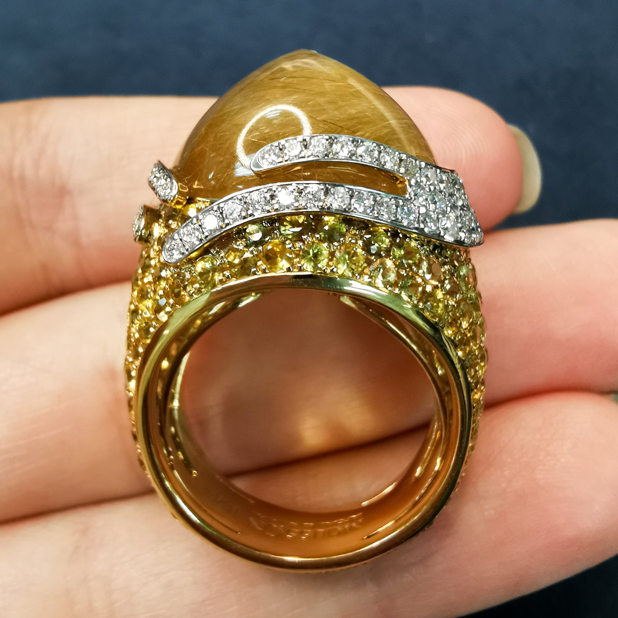 R 0053-0 18K Yellow Gold, Rutilated Quartz, Yellow Sapphire Diamond Ring