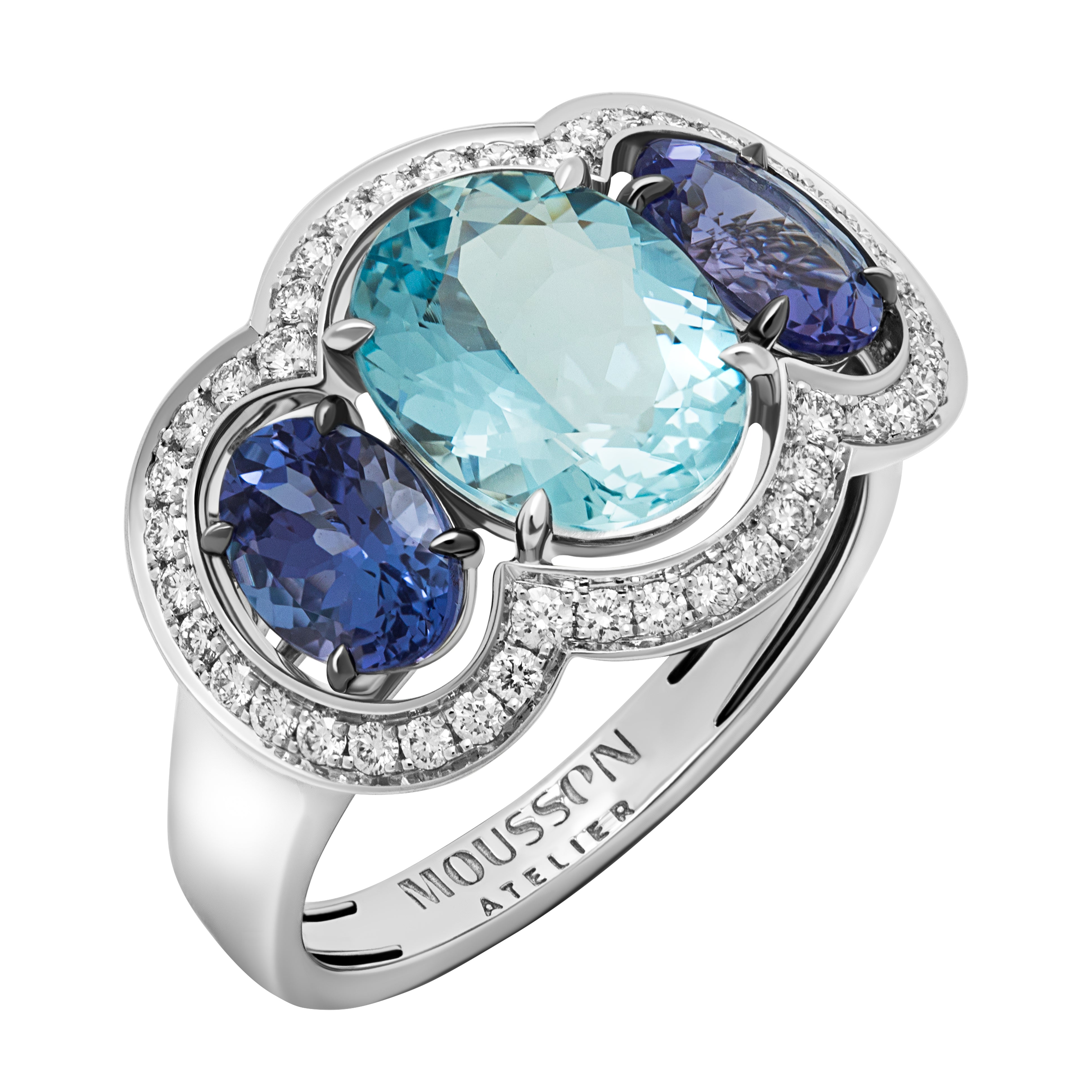 R 0022-11, 18K White Gold, Aquamarine, Tanzanites, Diamonds Ring