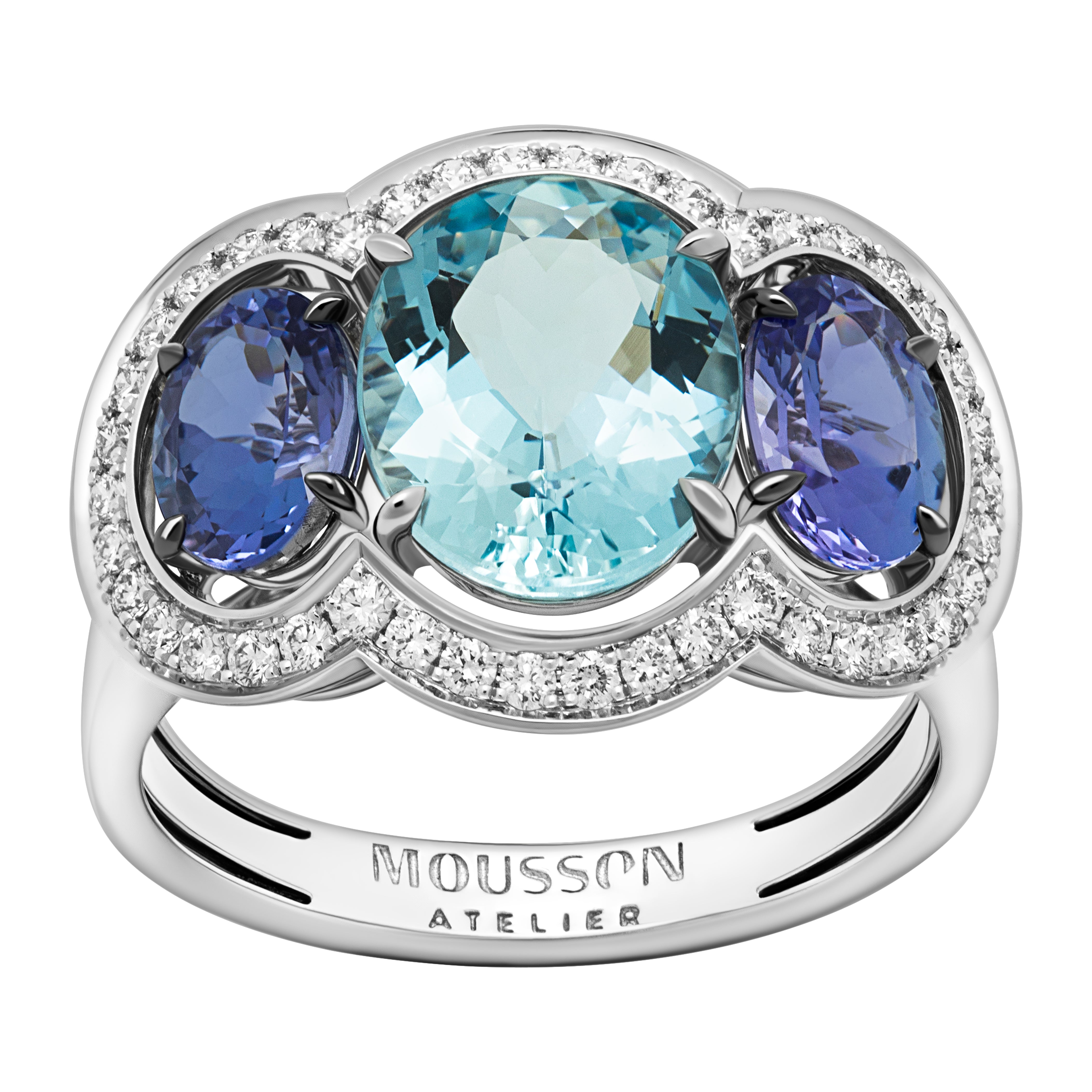 R 0022-11, 18K White Gold, Aquamarine, Tanzanites, Diamonds Ring