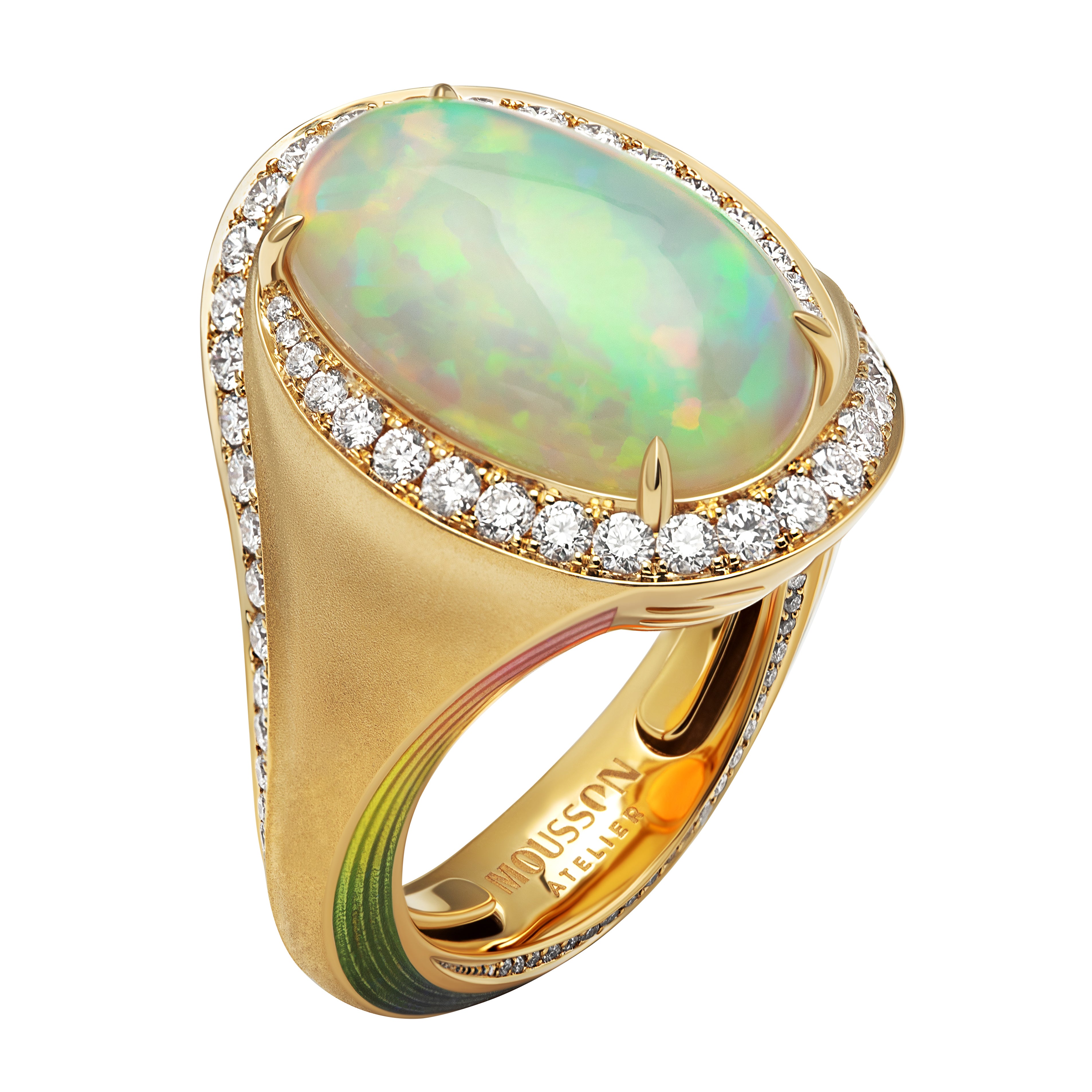 R 0143-09, 18K Yellow Gold, Opal Ephiopia, Diamonds, Enamel Ring