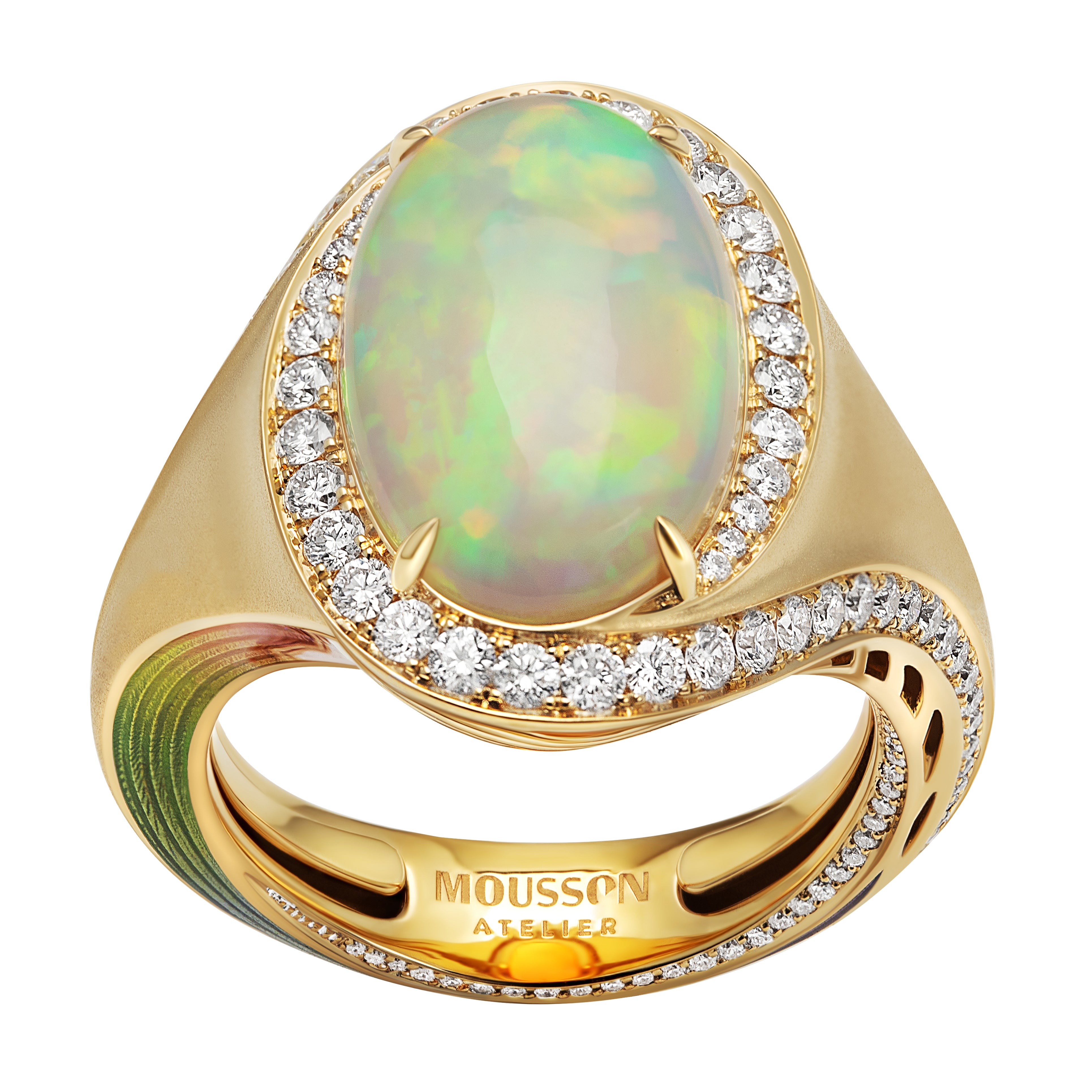 R 0143-09, 18K Yellow Gold, Opal Ephiopia, Diamonds, Enamel Ring