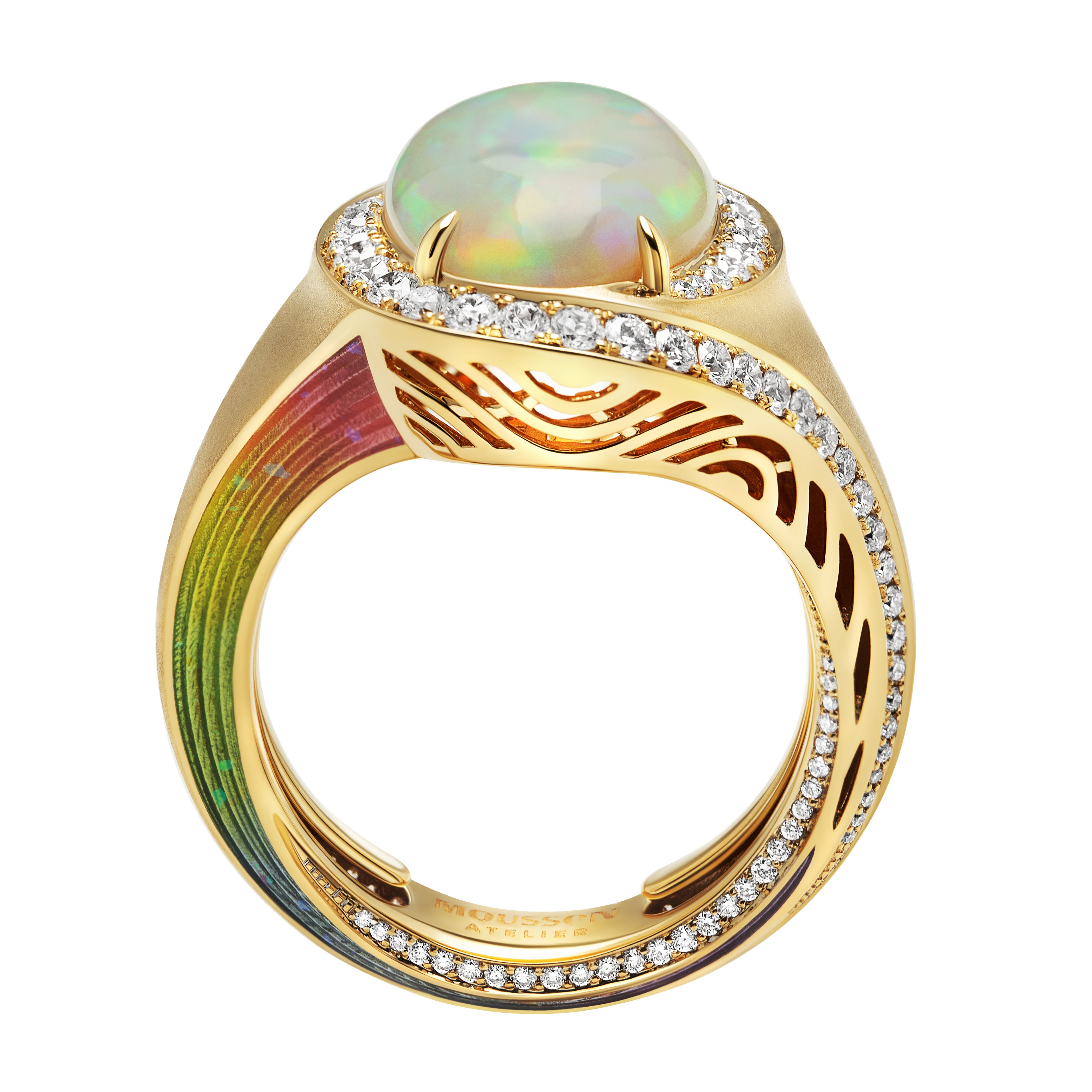 R 0143-09, 18K Yellow Gold, Opal Ephiopia, Diamonds, Enamel Ring