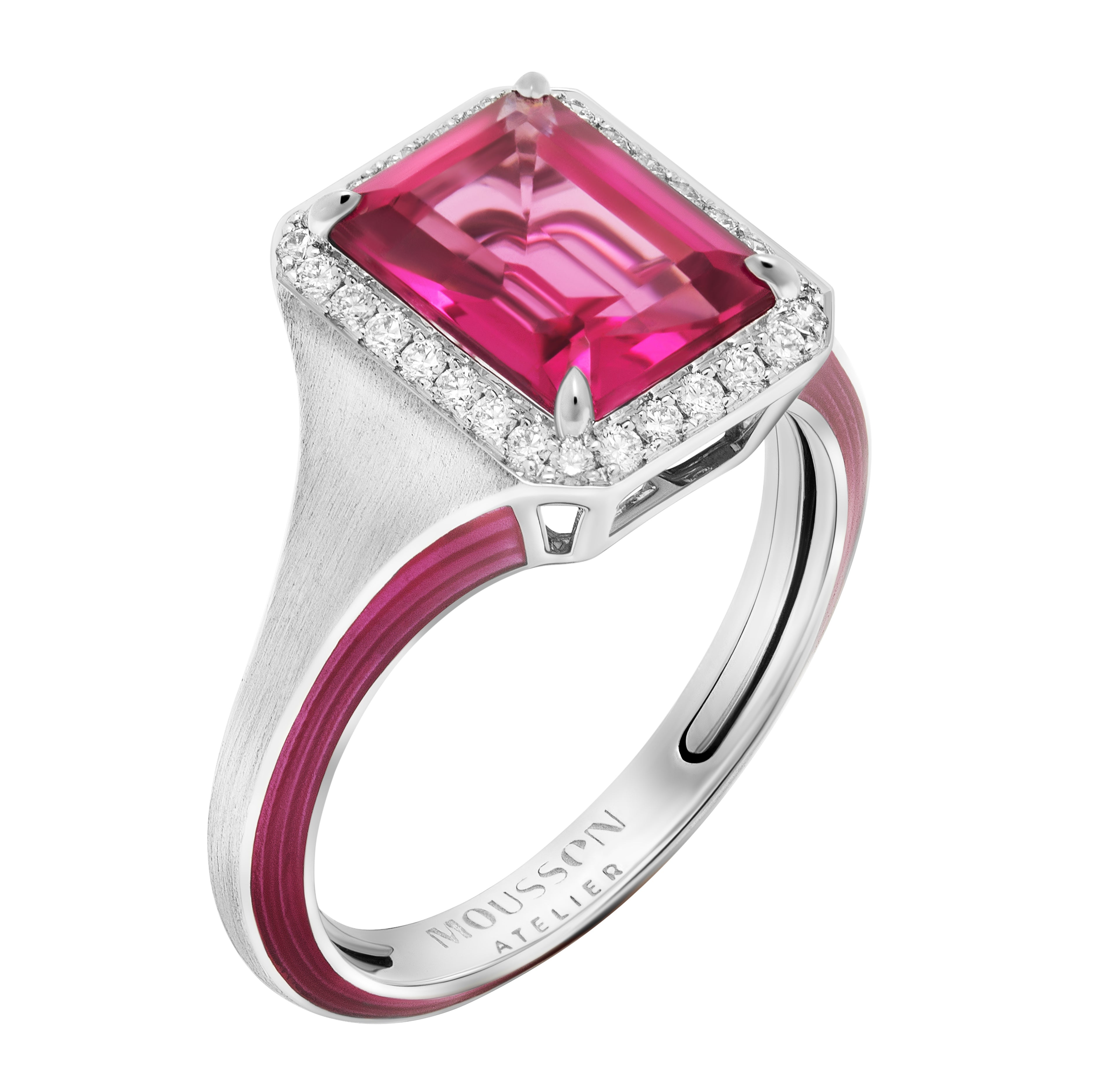 R 0143-13, 18K White Gold, Pink Tourmaline, Diamonds, Enamel Ring