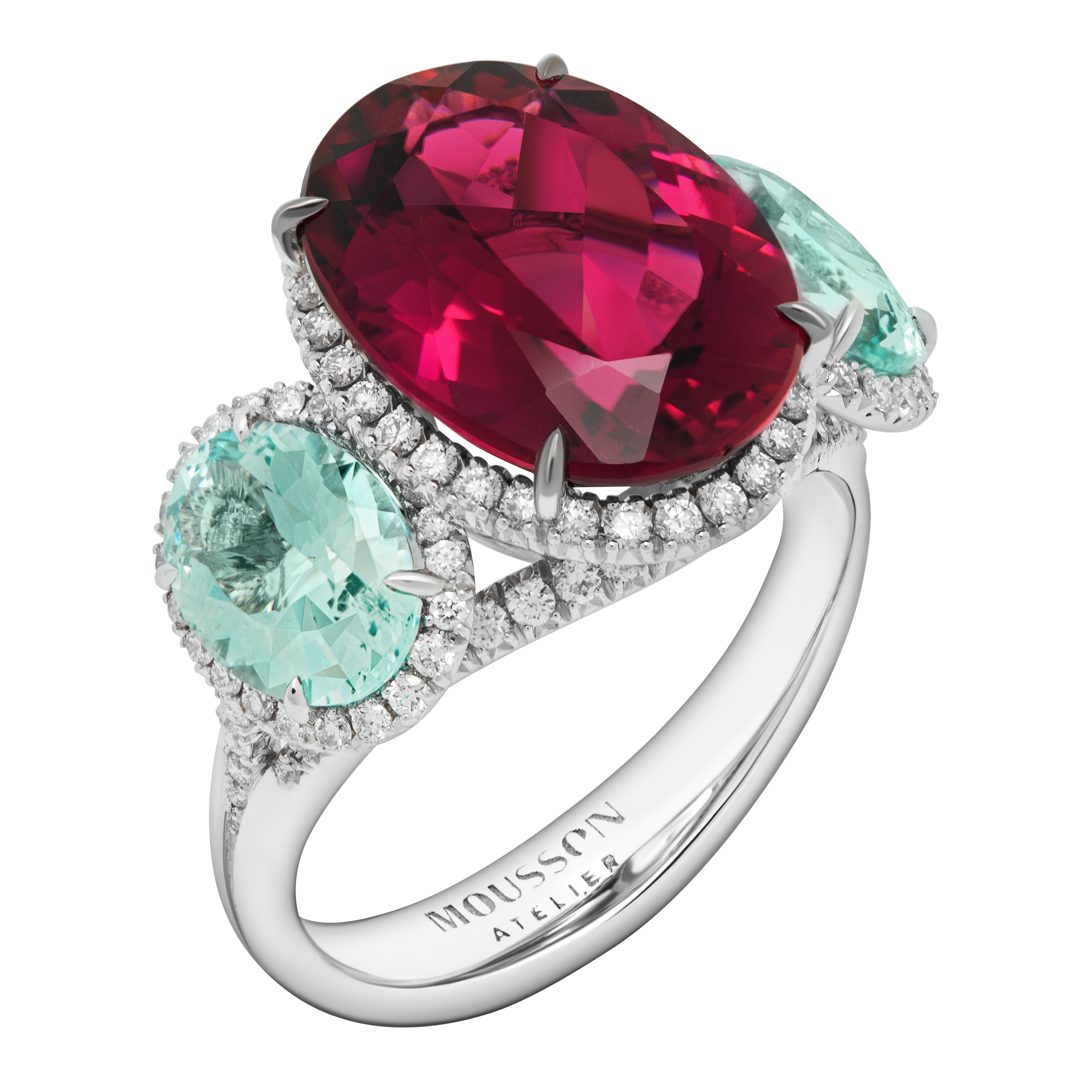 R 0022-23, 18K White Gold, Pink Tourmaline, Aquamarine, Diamonds Ring