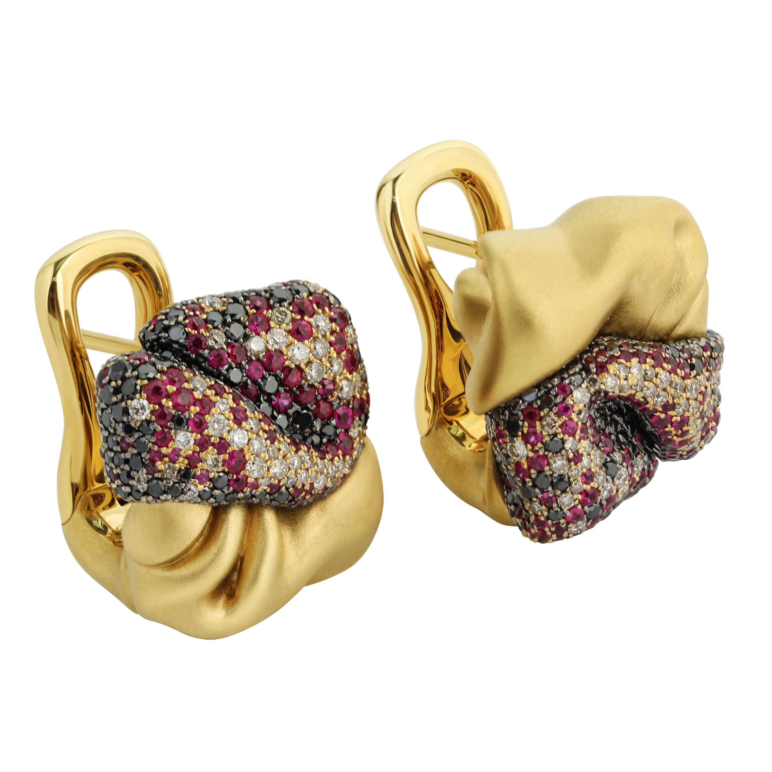 E 0132-0, 18K Yellow Gold, Ruby, Champagne and Black Diamonds Earrings