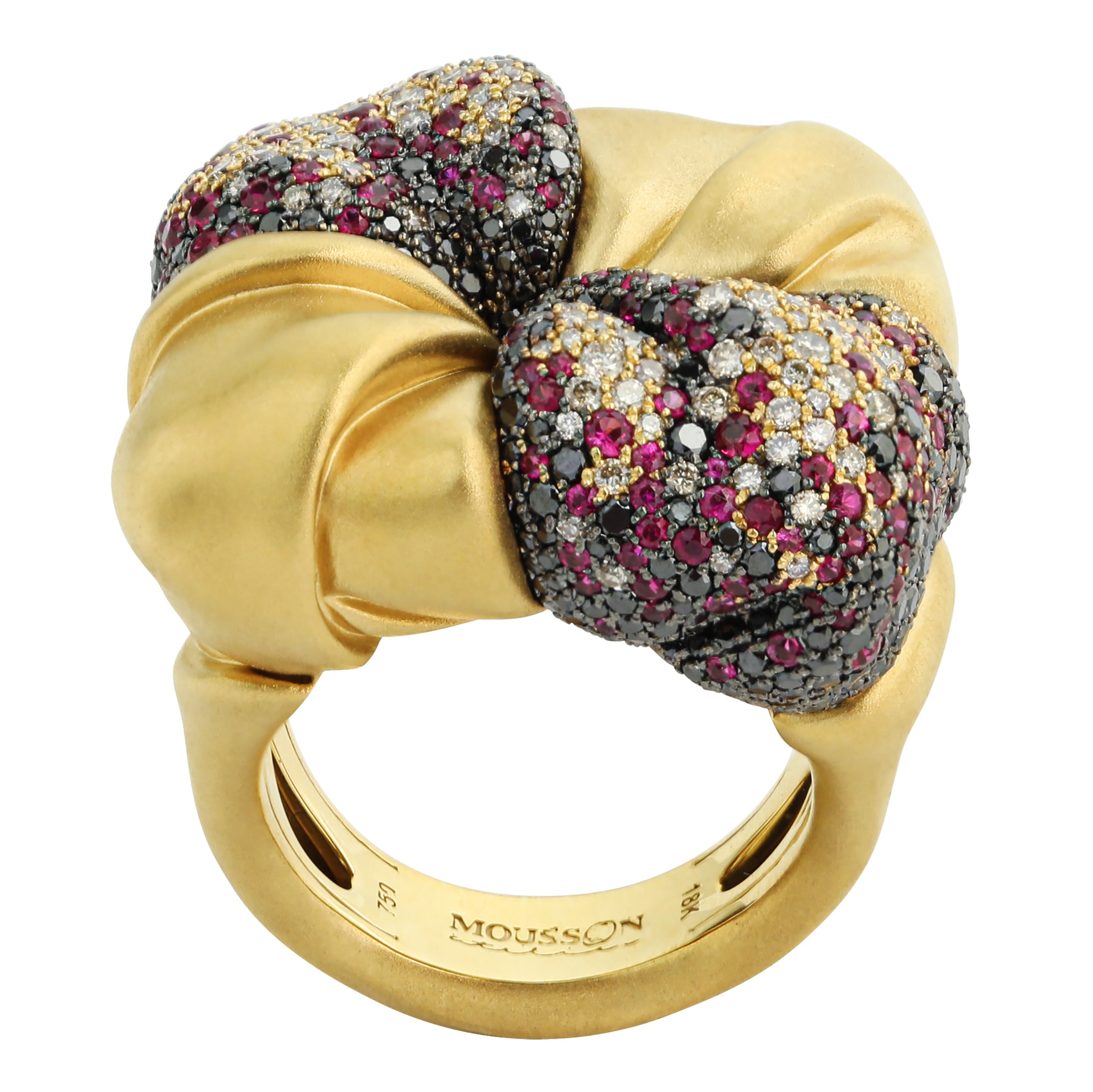 R 0132-1, 18K Yellow Gold, Ruby, Champagne and Black Diamonds Ring