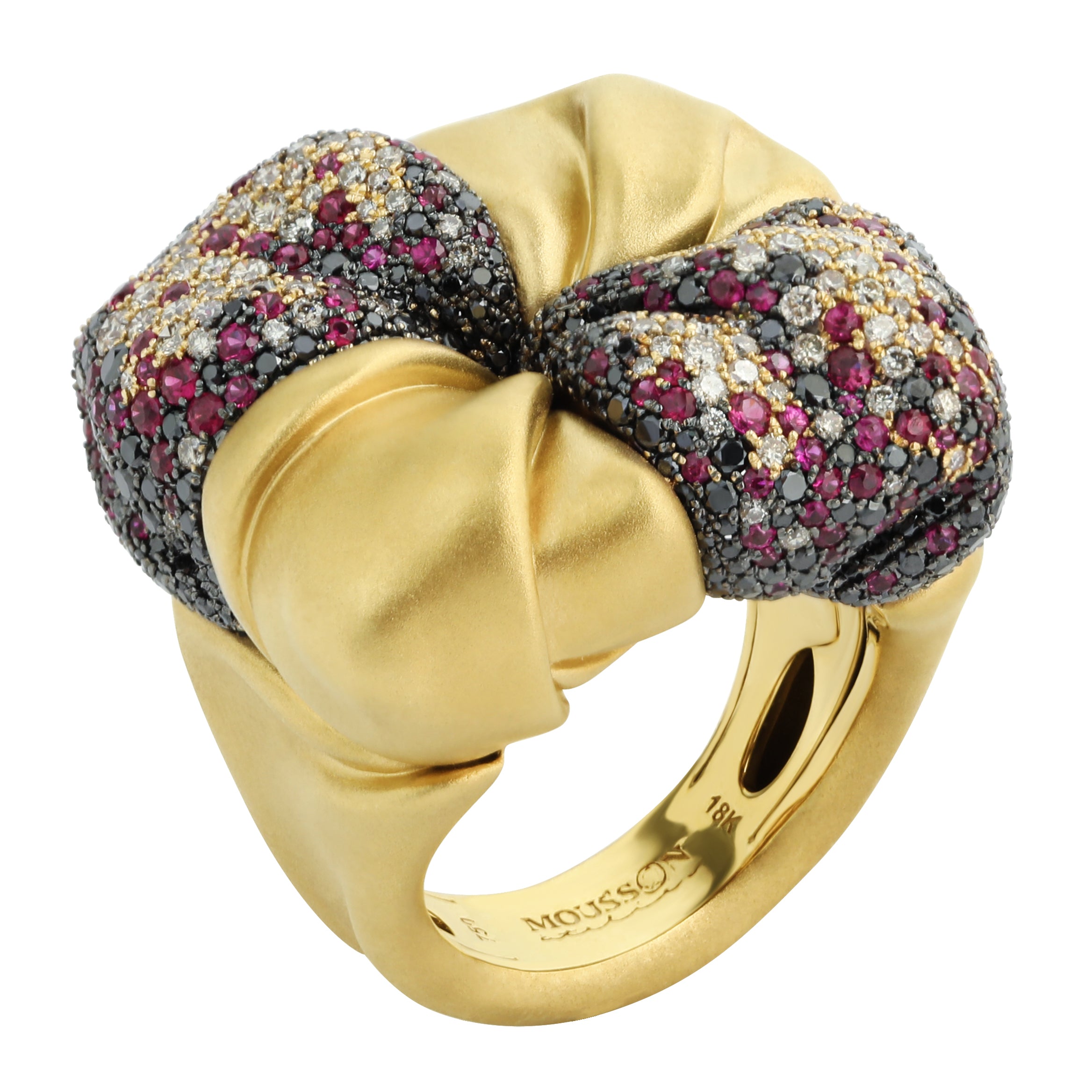 R 0132-1, 18K Yellow Gold, Ruby, Champagne and Black Diamonds Ring